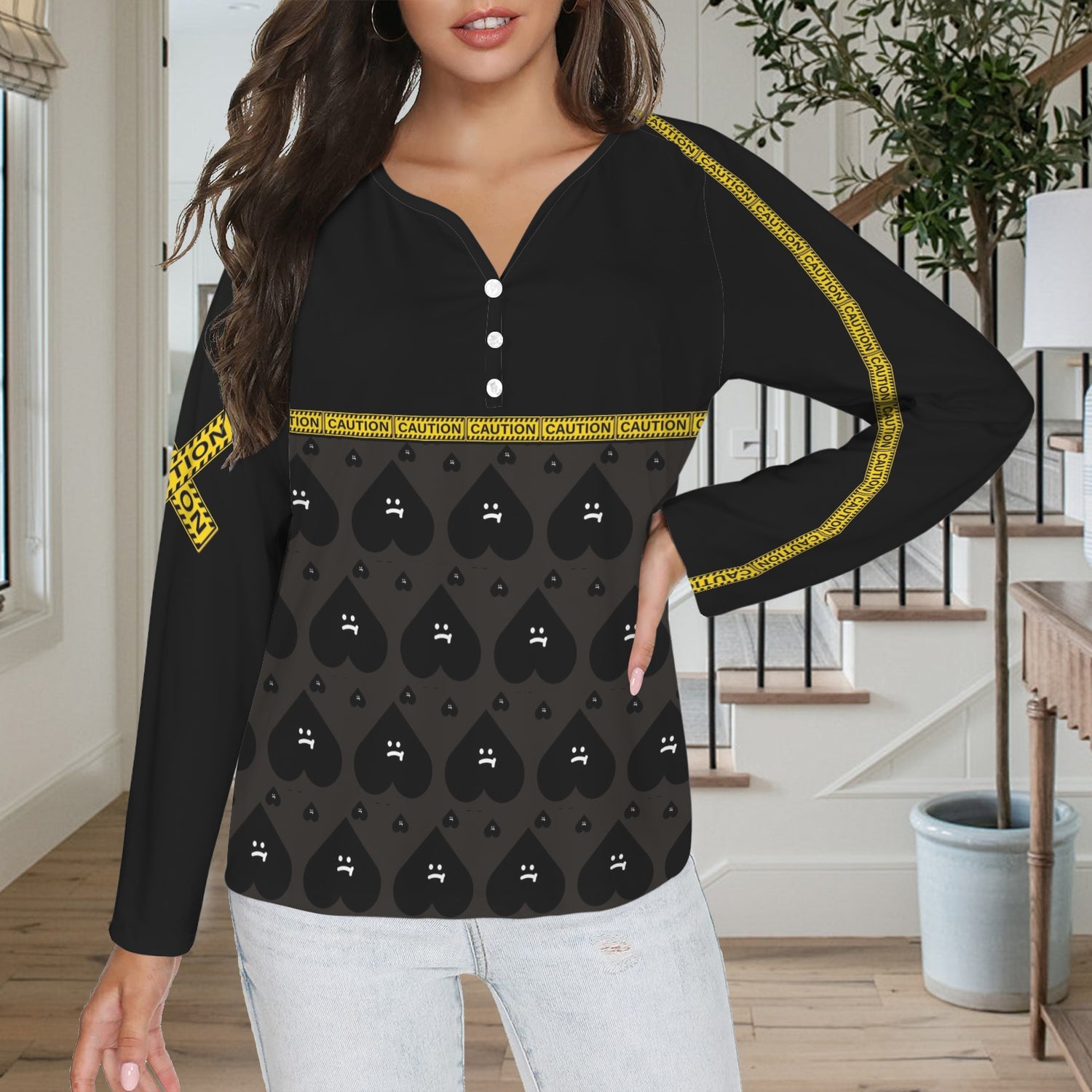 LINFA Long Sleeve Shirt Button Black Purple