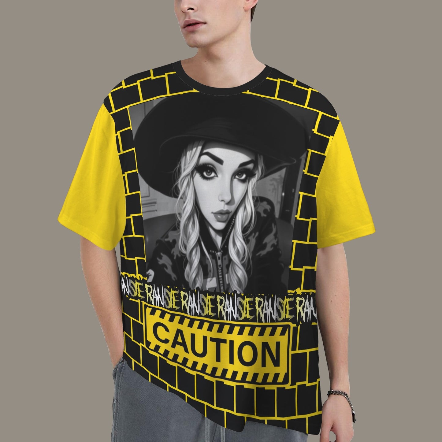 RANSIE CARTOON B/W CAUTION T-SHIRT - YELLOW SLEEVE