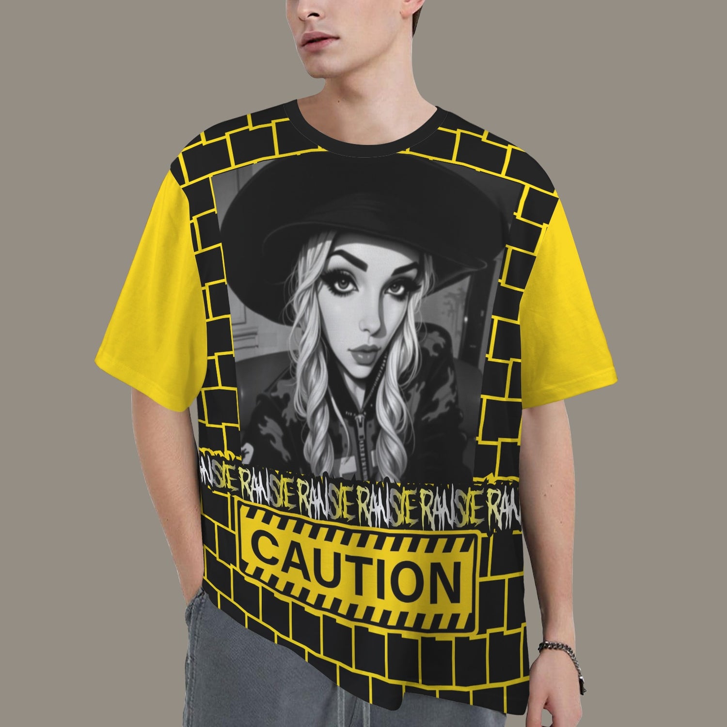 RANSIE CARTOON B/W CAUTION T-SHIRT - YELLOW SLEEVE