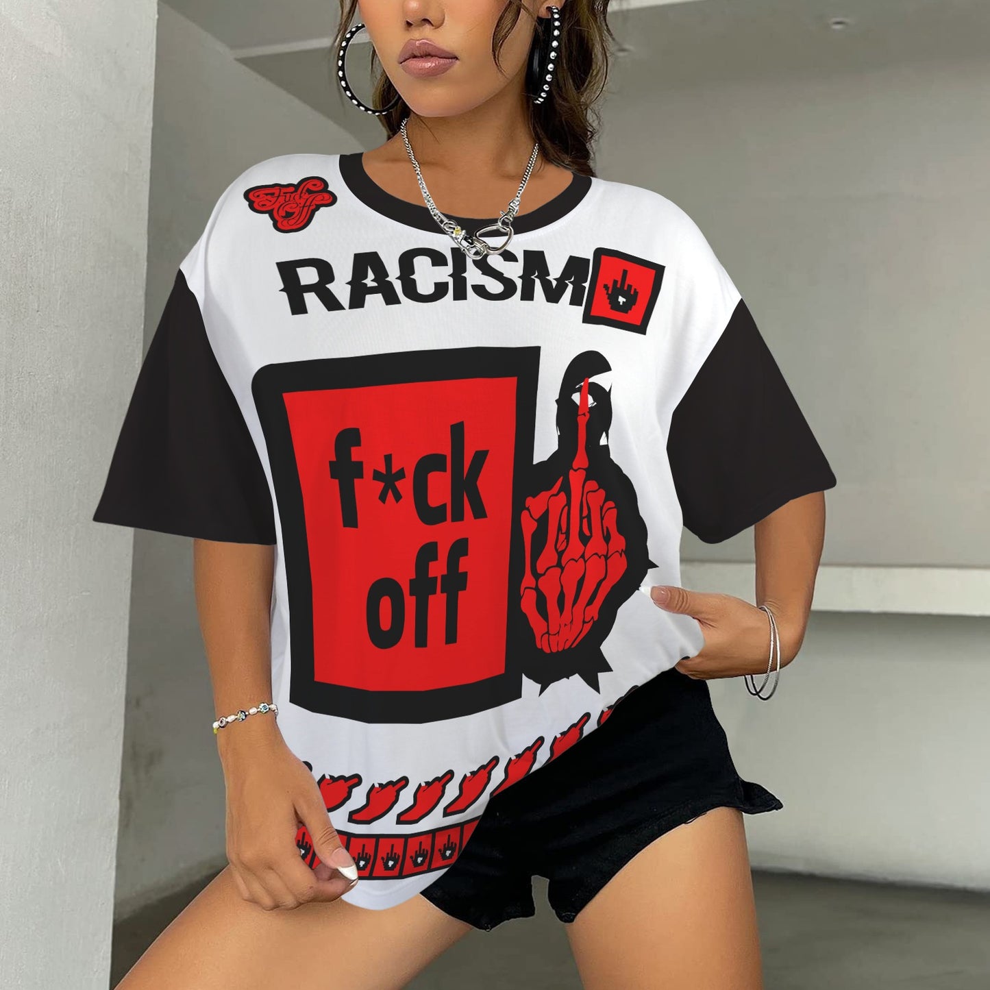 FUCK OFF HEARTS HOMOPHOBIA DISTRESSED T-SHIRT BLACK WHITE