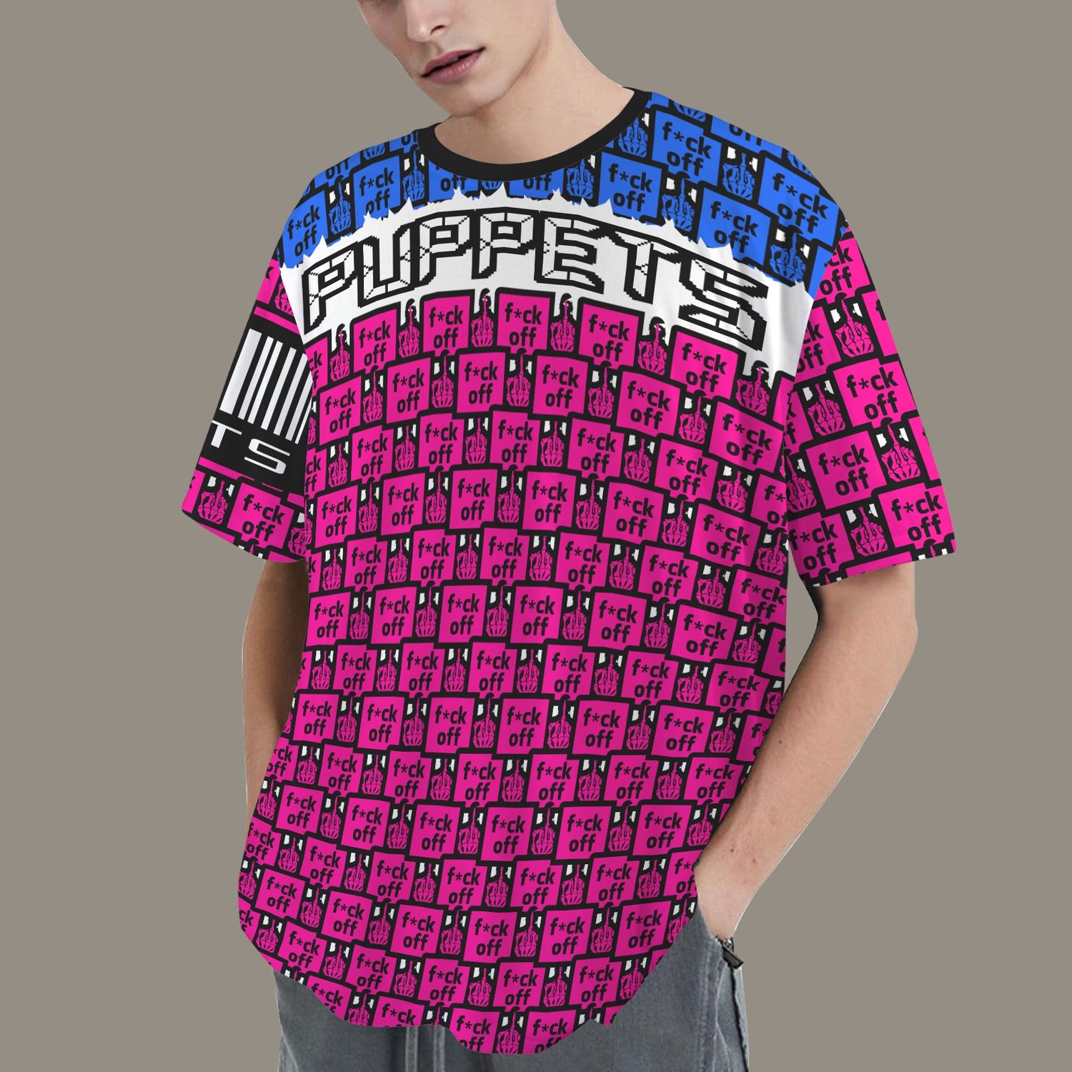 FUCK OFF PUPPETS PINK BLUE BLACK T-SHIRT BARCODE