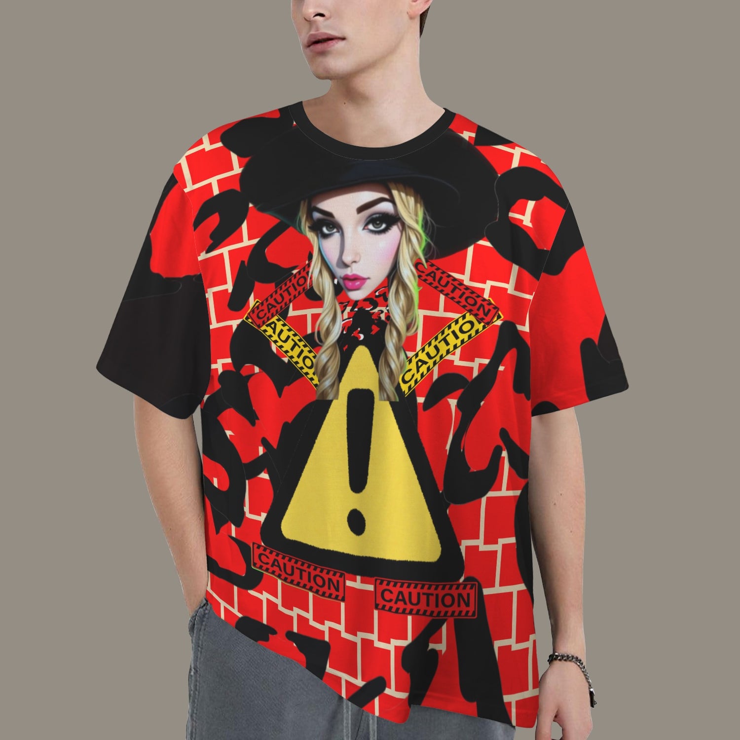 RANSIE CARTOON CAUTION  RED YELLOW WALL HEARTST-SHIRT