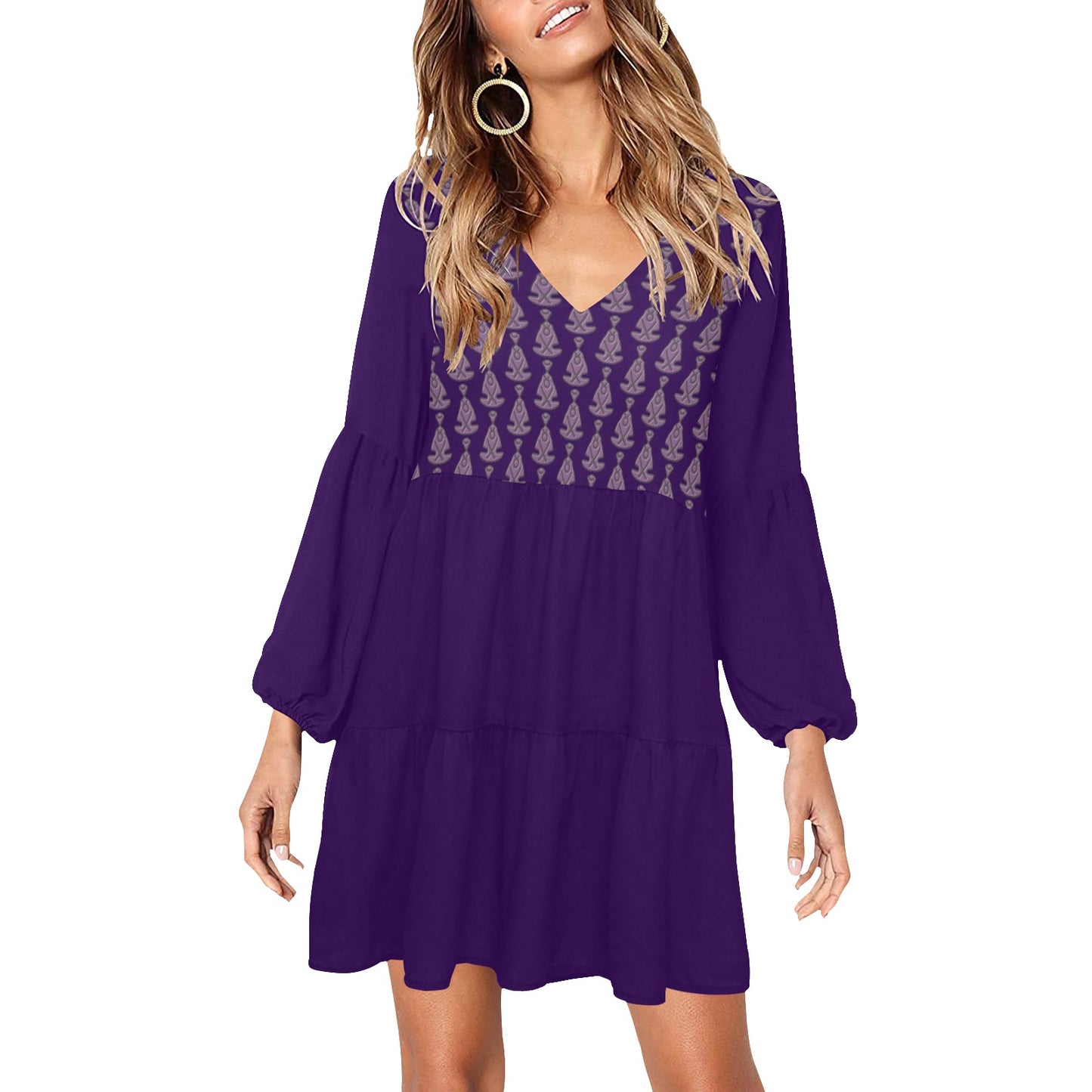 Buddha Pattern Boho Dress Purple