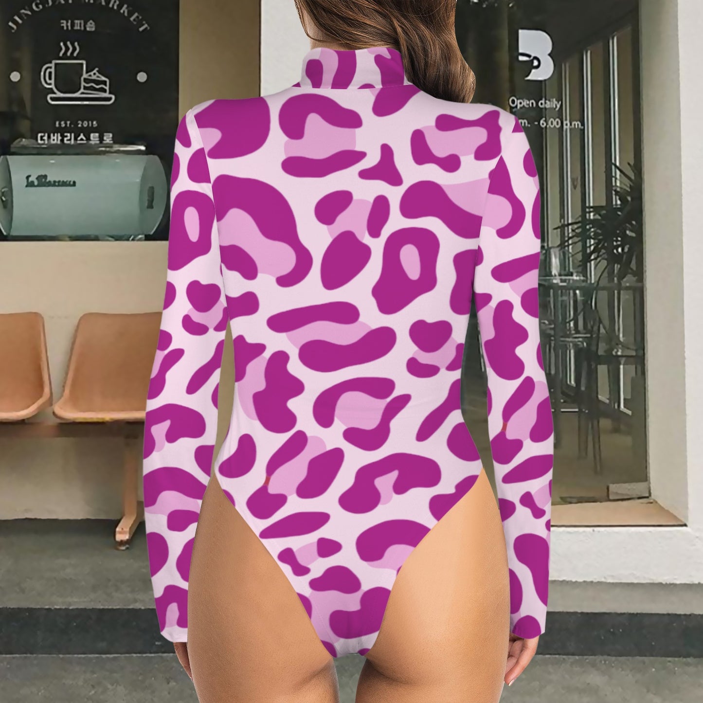 Leopard Long Sleeve Bodysuit Dark Hot Pink Pink