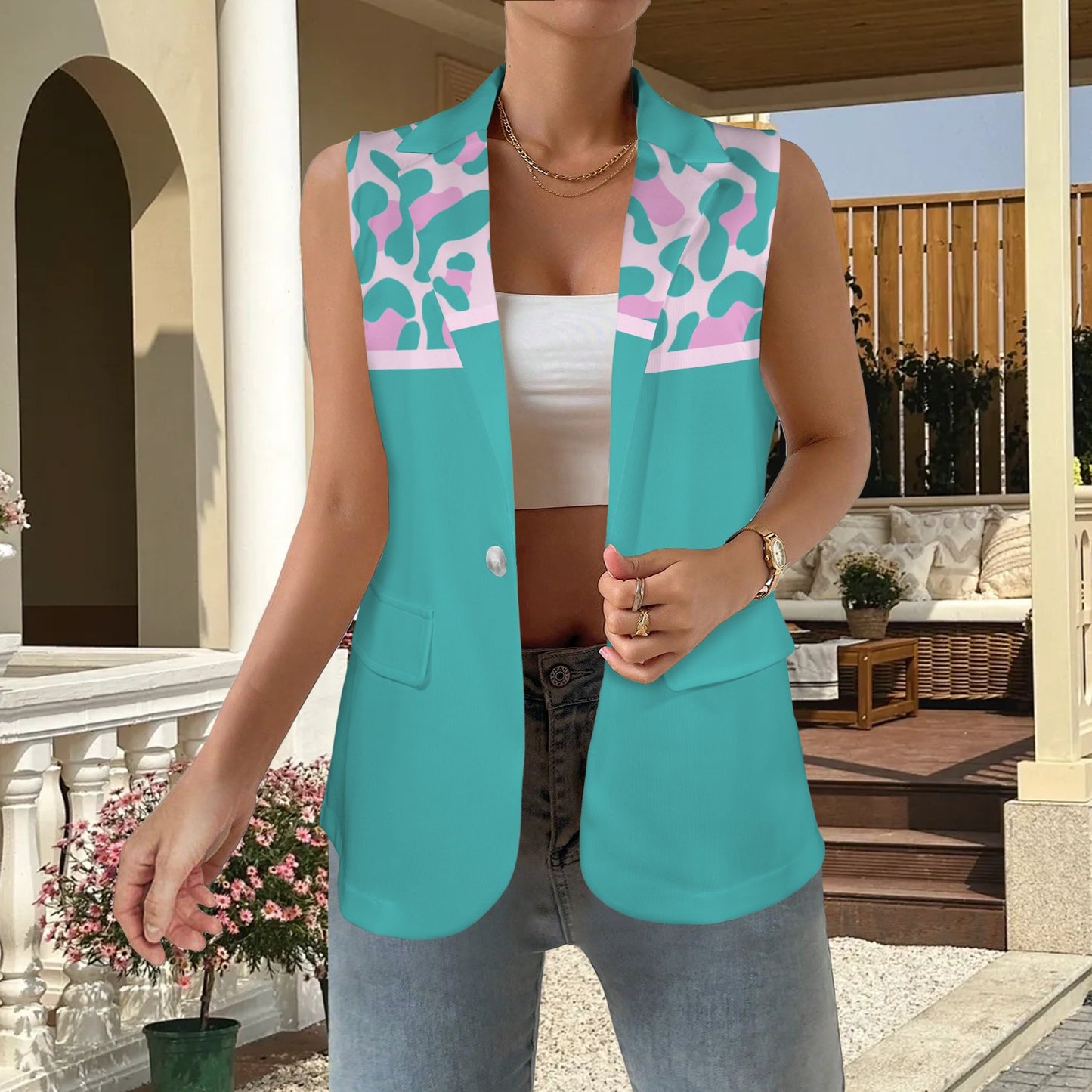 Gilet mamma Yellow Pink Leopard Aqua