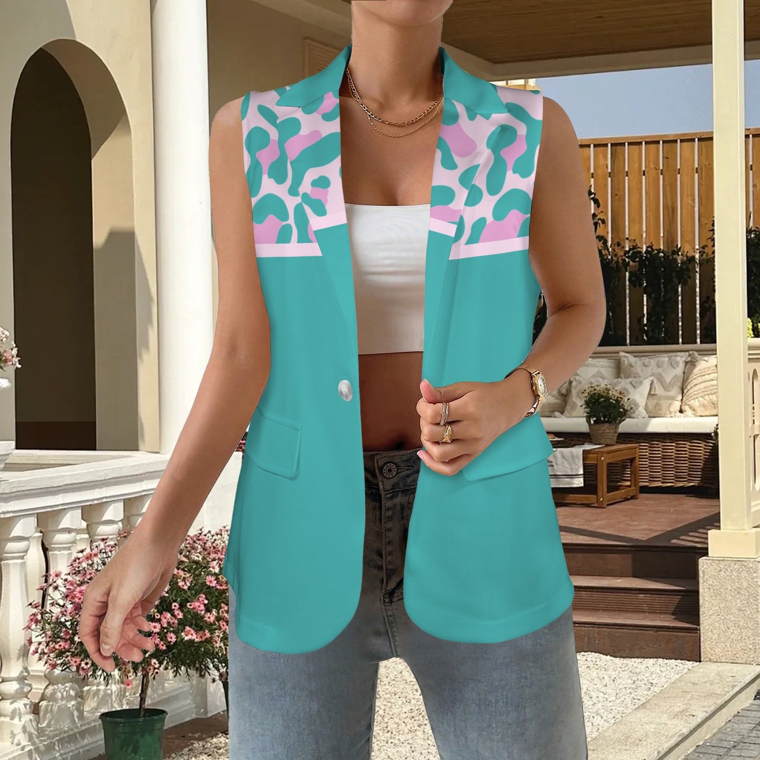 Gilet mamma Yellow Pink Leopard Aqua