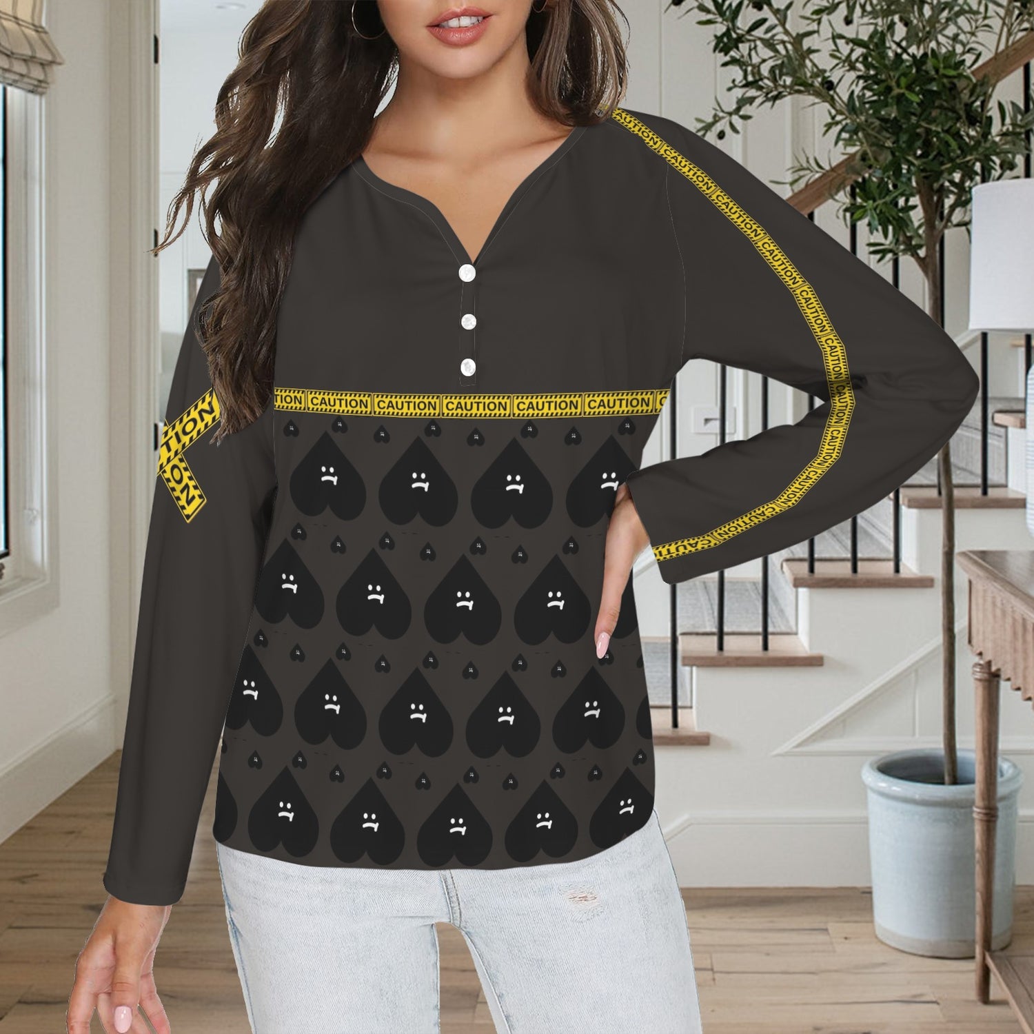 LINFA Long Sleeve Shirt Button Black Purple
