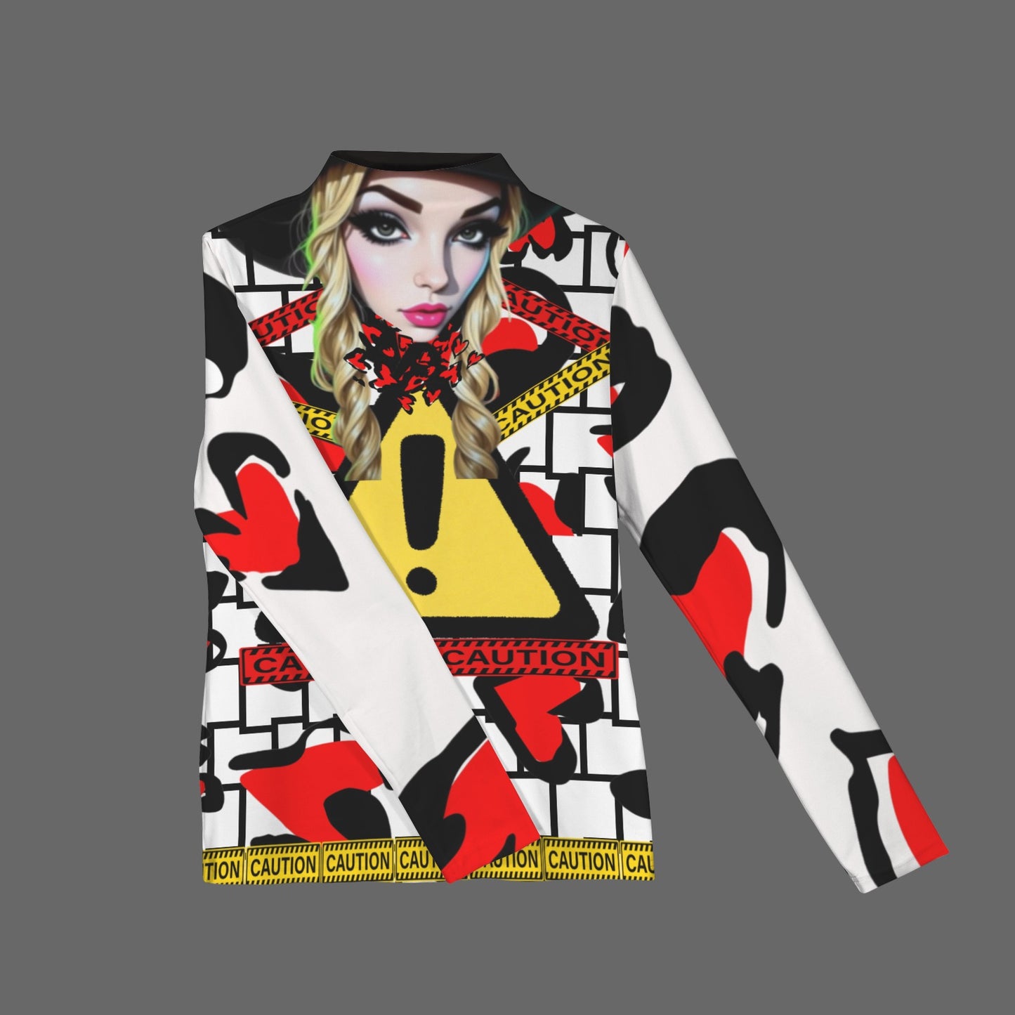 RANSIE CAUTION Long Sleeve Turtleneck Shirt White Black Hearts