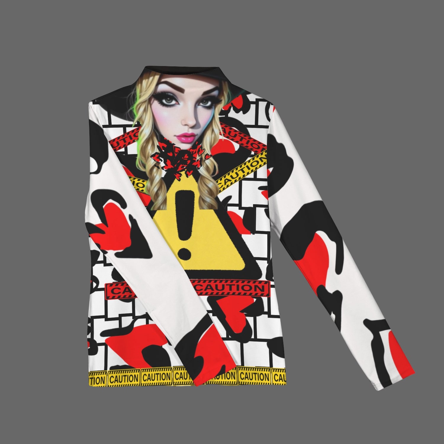 RANSIE CAUTION Long Sleeve Turtleneck Shirt White Black Hearts