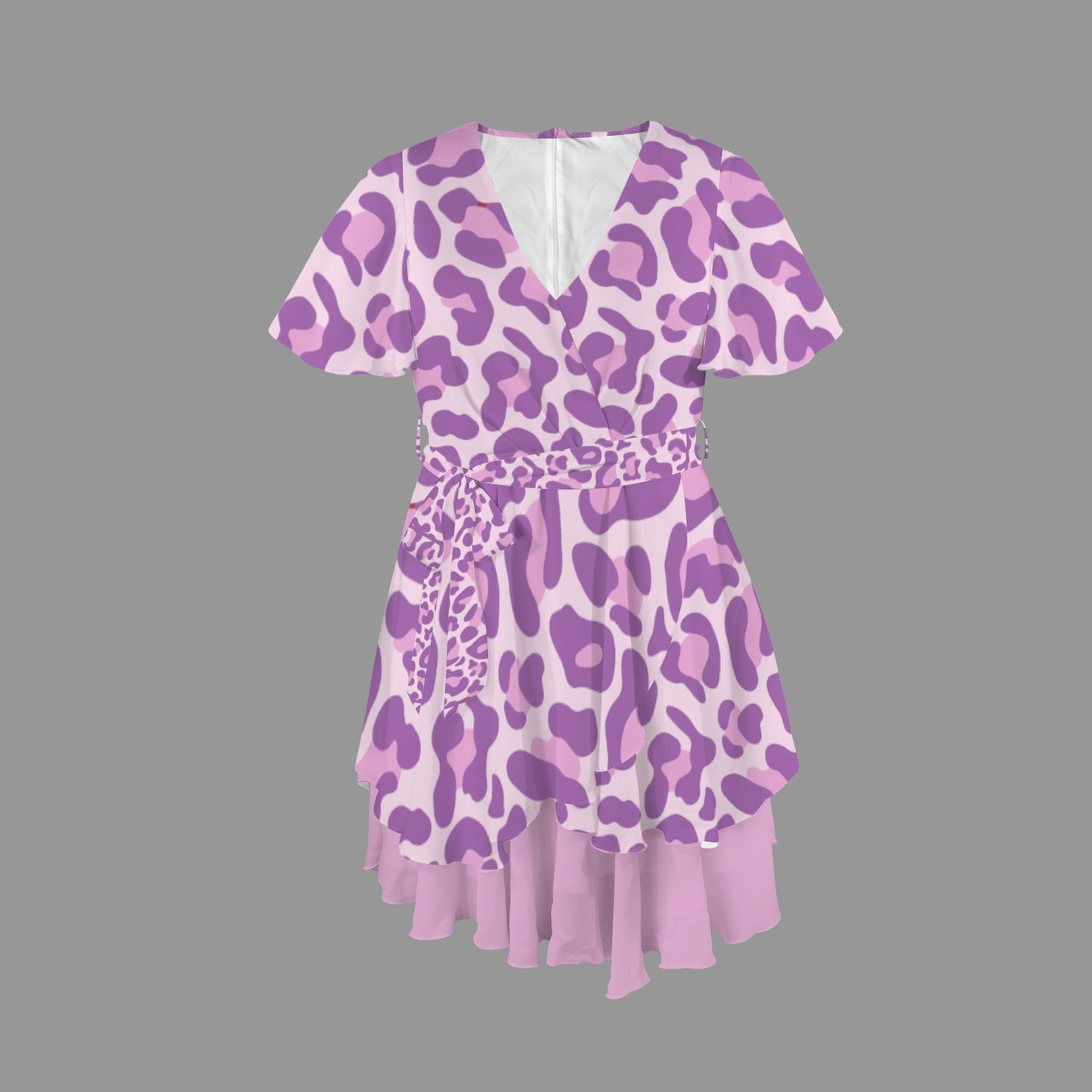 Leopard Tie V Neck Dress Light Purple Pink