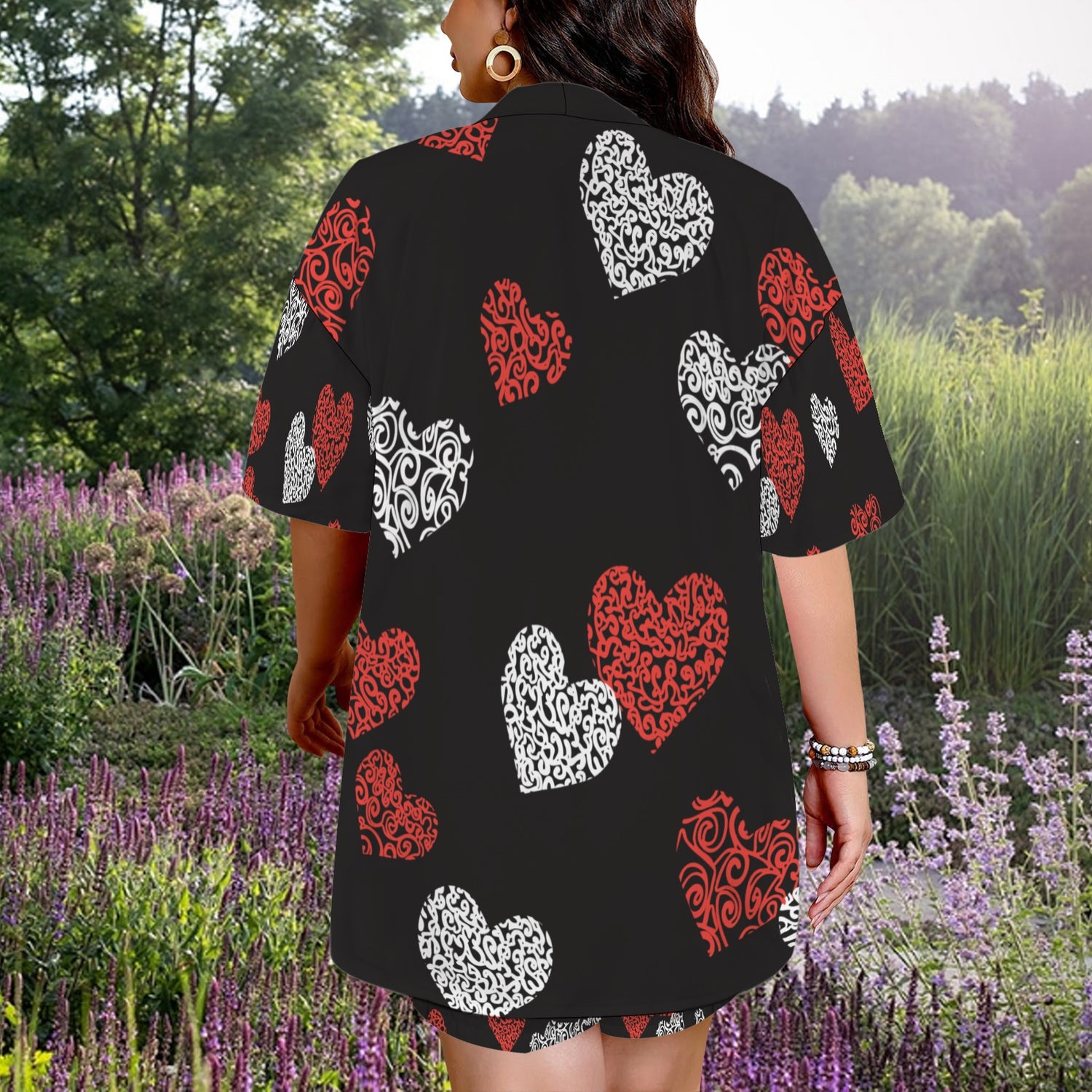 White Red Heart Black Open Blouse