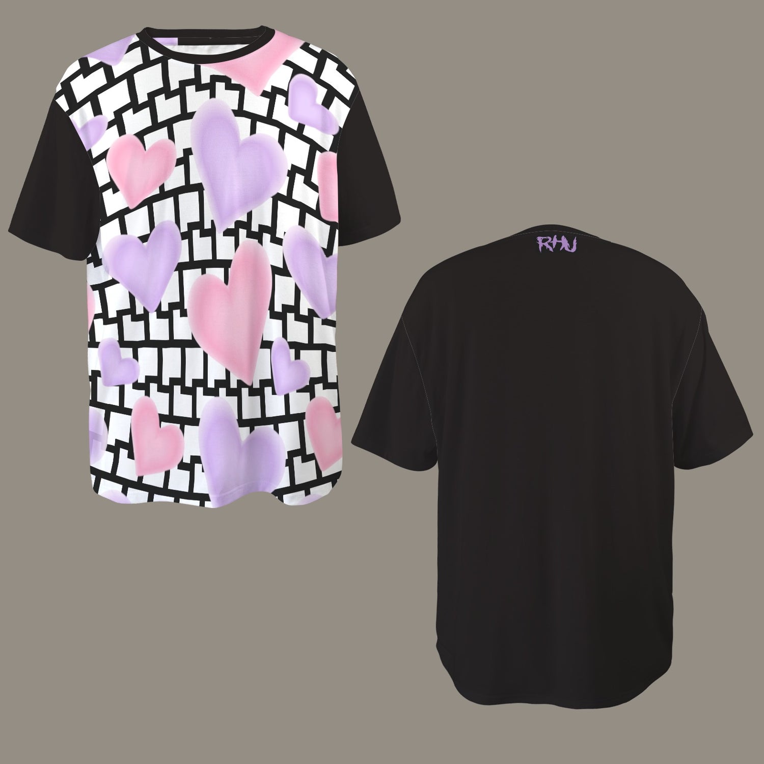 SE SON ROSE T-SHIRT -PINK LILAC HEARTS WHITE/BLACK WALL - SOLID BLACK BACK