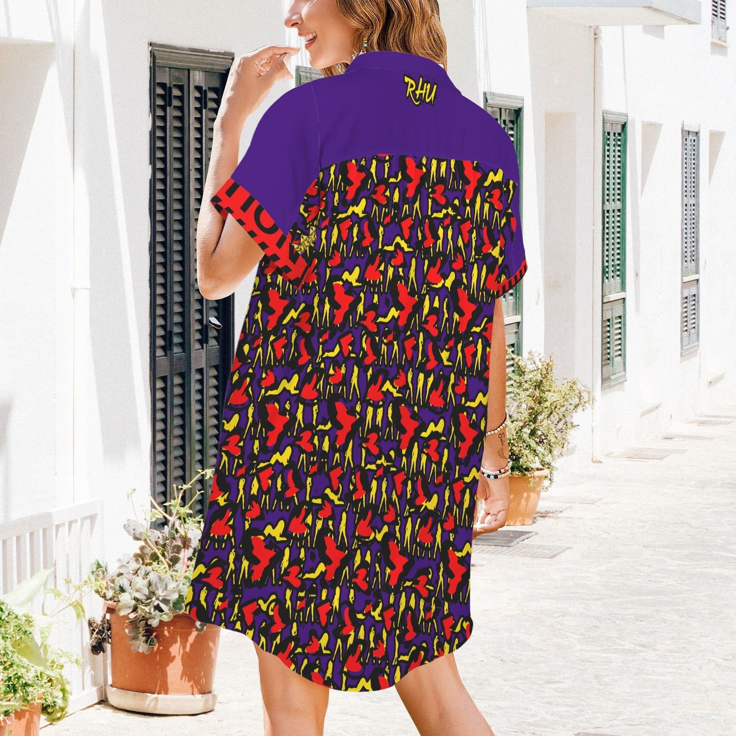 Caution Mosquitoes T Shirt Dress Purple Blue Black Buttons