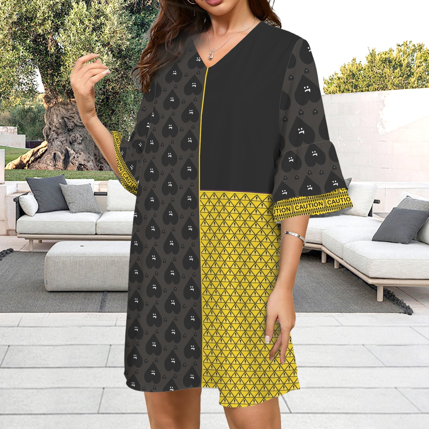 Caution Yellow Black Triangles 3/4 Sleeve Dress Hearts