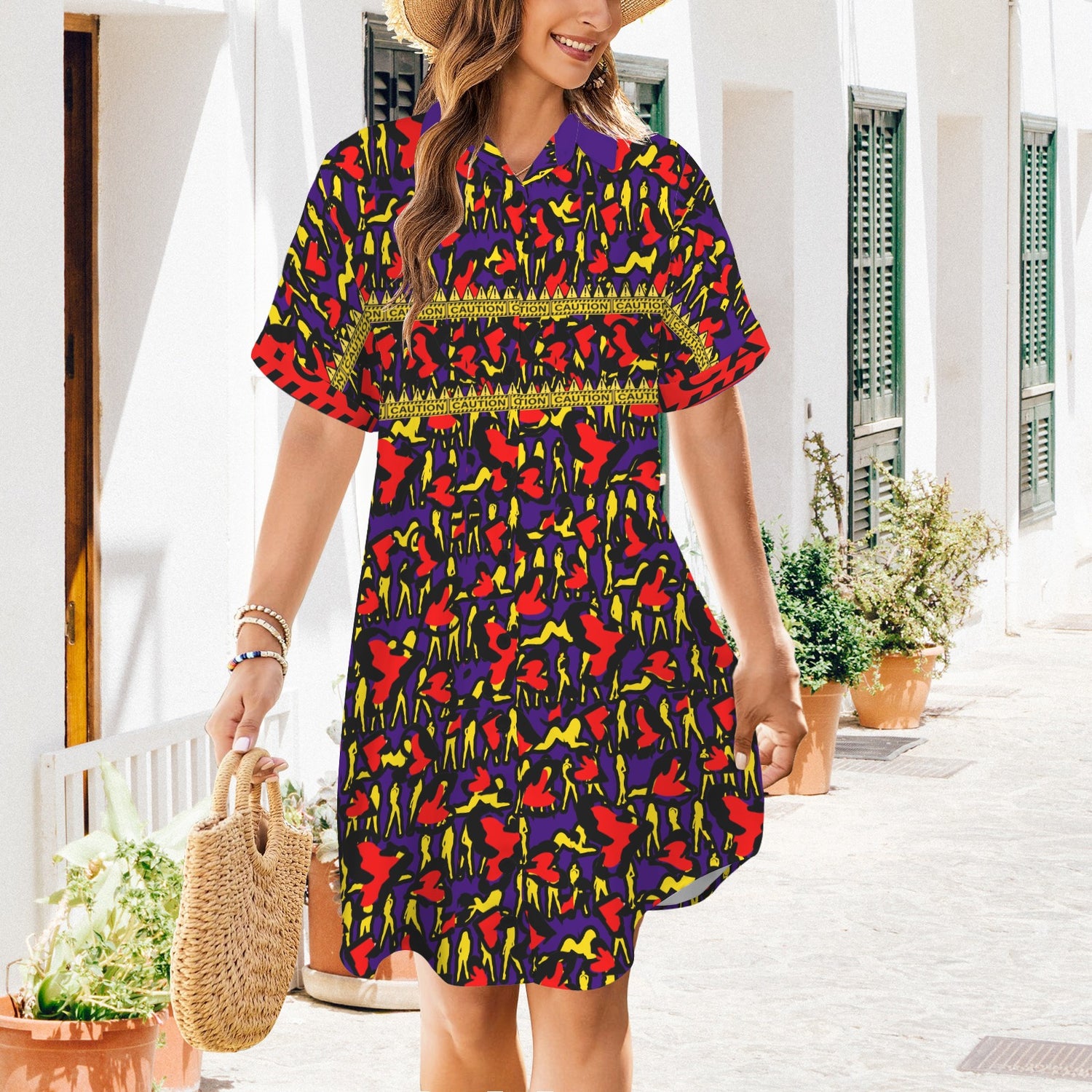 Caution Mosquitoes T Shirt Dress Purple Blue Black Buttons