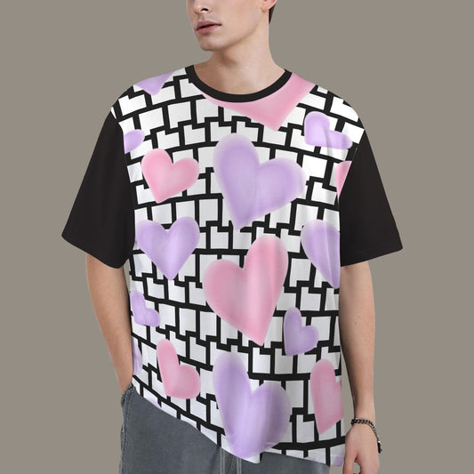SE SON ROSE T-SHIRT -PINK LILAC HEARTS WHITE/BLACK WALL - SOLID BLACK BACK