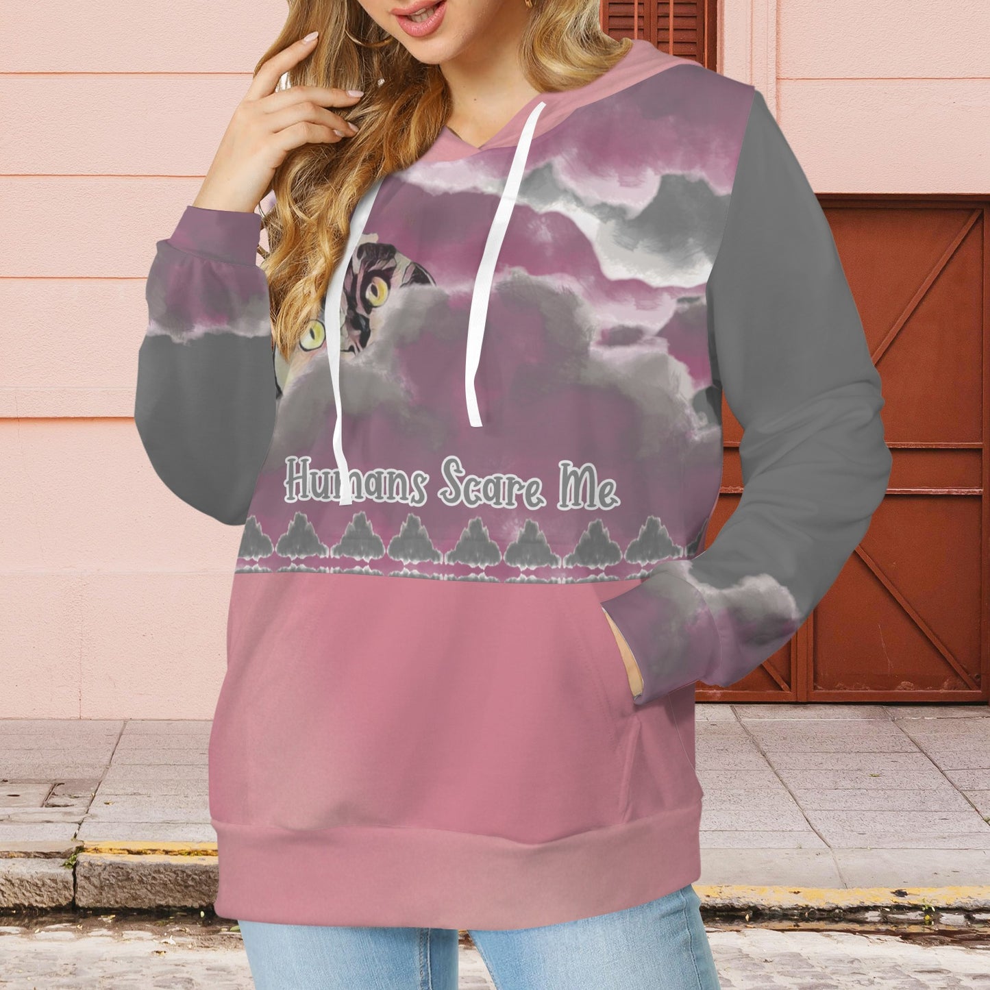 Humans Scare Me Jimmy Cloud Hoodie Pink Grey