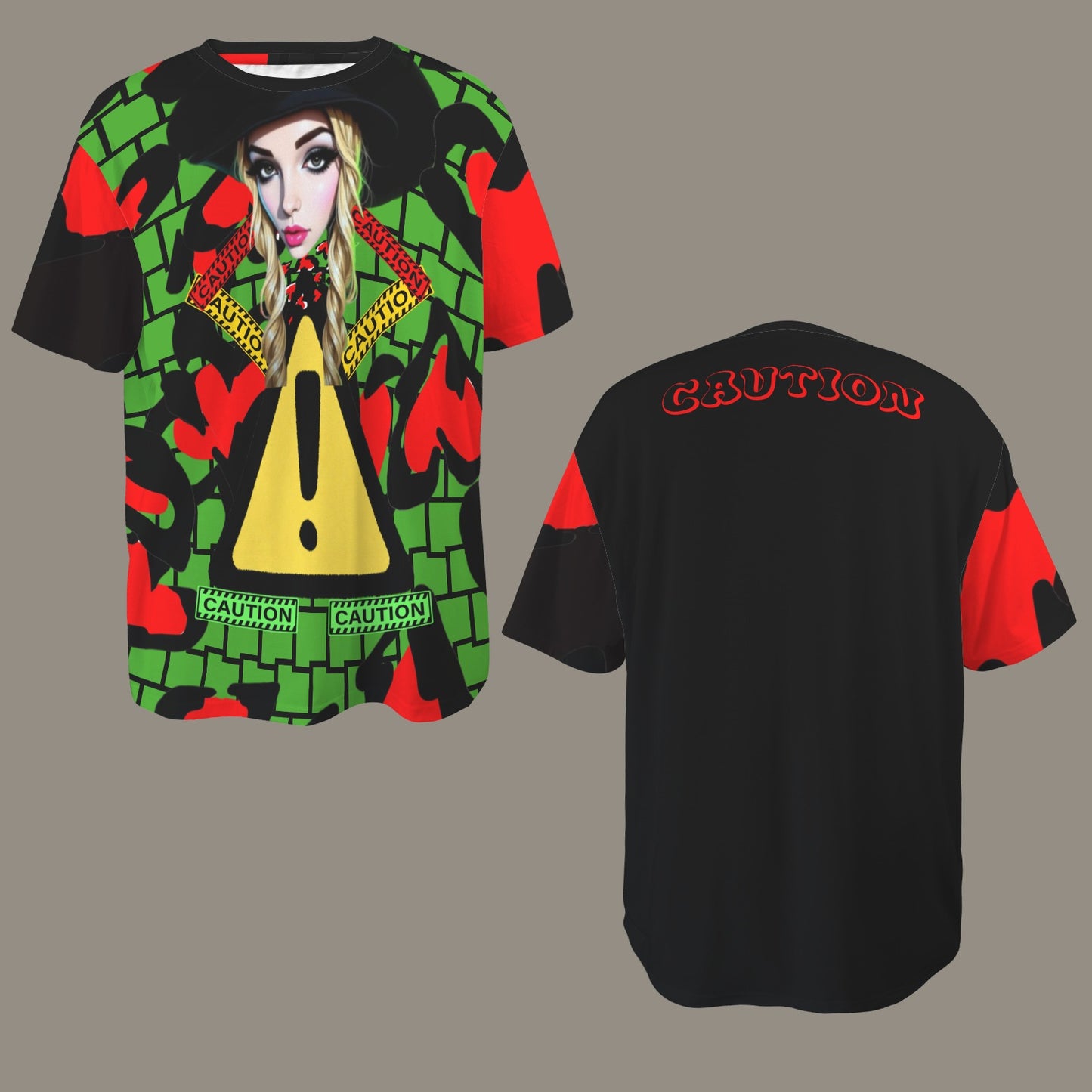 RANSIE CARTOON CAUTION GREEN/BLACK WALL HEARTST-SHIRT - Caution