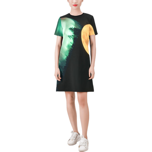 Moon Black Green Sky A-Line Dress Short-Sleeve Round Neck A-Line Dress