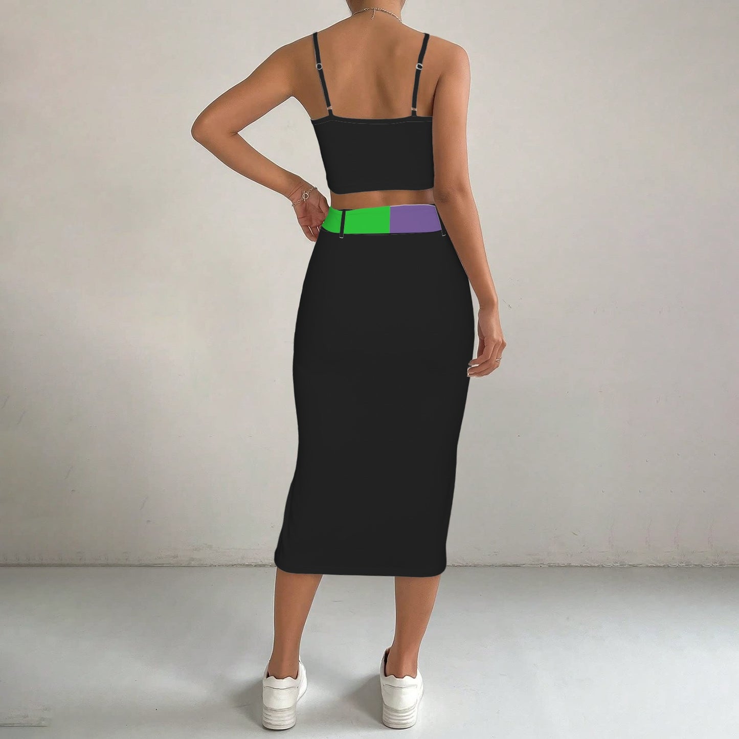 LINFA TOP SKIRT SET BLACK GREEN PUPLE BELT