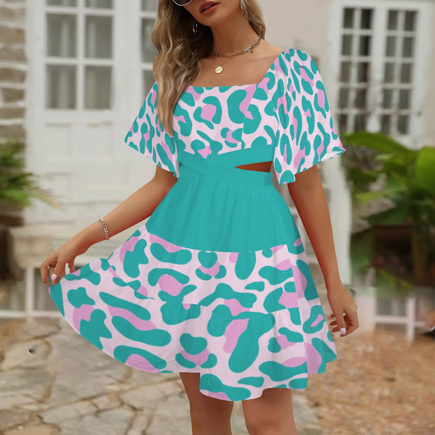 Cross Waist Dress Leopard Torquoise Pink