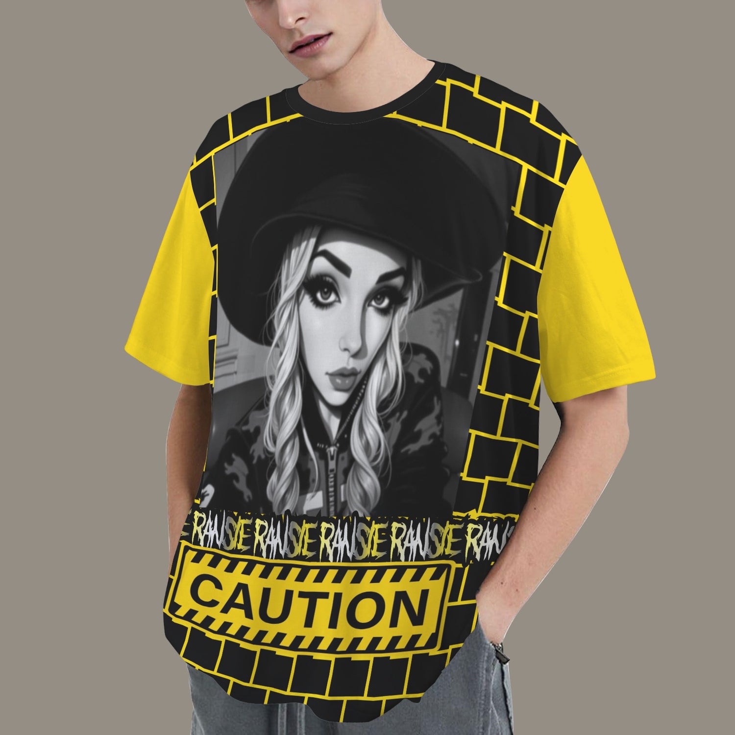 RANSIE CARTOON B/W CAUTION T-SHIRT - YELLOW SLEEVE