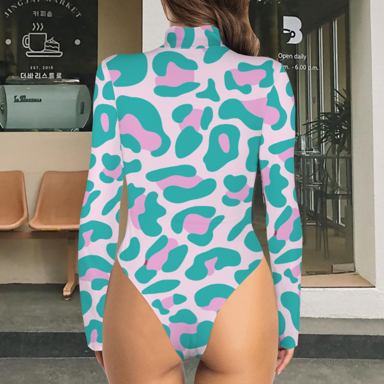 Leopard Long Sleeve Bodysuit Torquoise Pink
