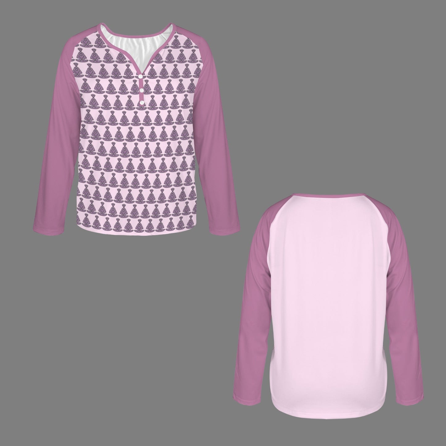 Buddha Pattern Long Sleeve Shirt Button Pale Pink Lilac Sleeve