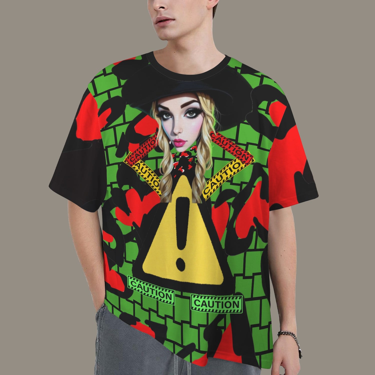 RANSIE CARTOON CAUTION GREEN/BLACK WALL HEARTST-SHIRT - Caution