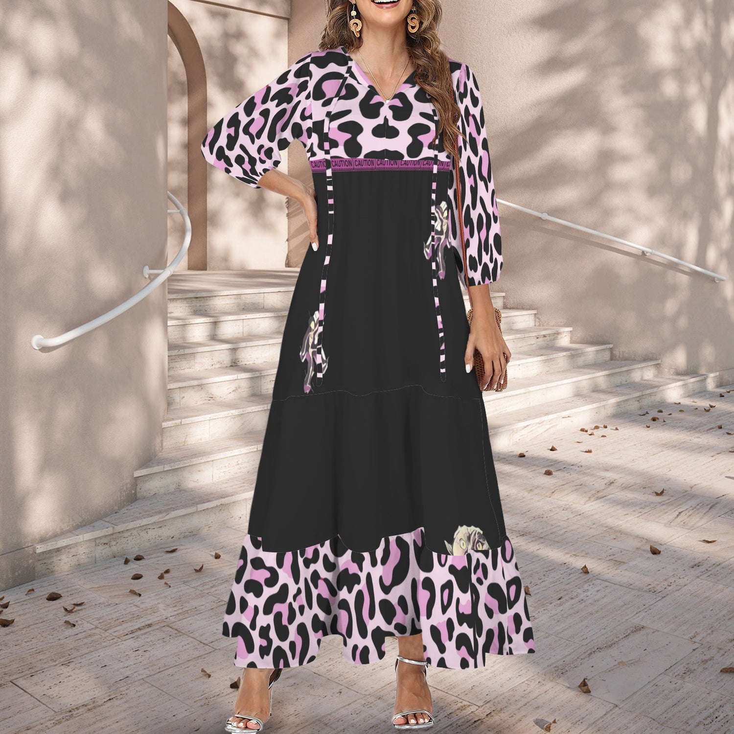 Caution Jimmy Cat Long Dress Leopard Black Pink