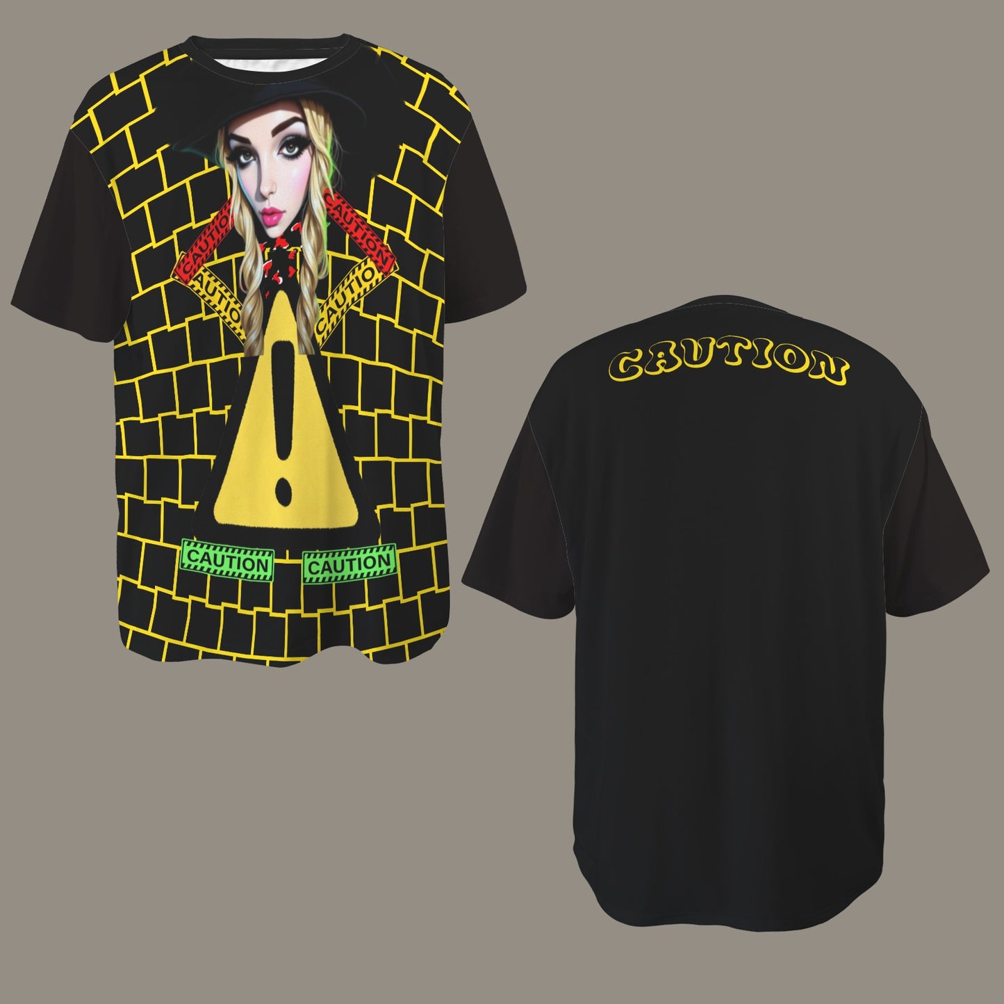 RANSIE CARTOON CAUTION T-SHIRT - YELLOW BLACK WALL