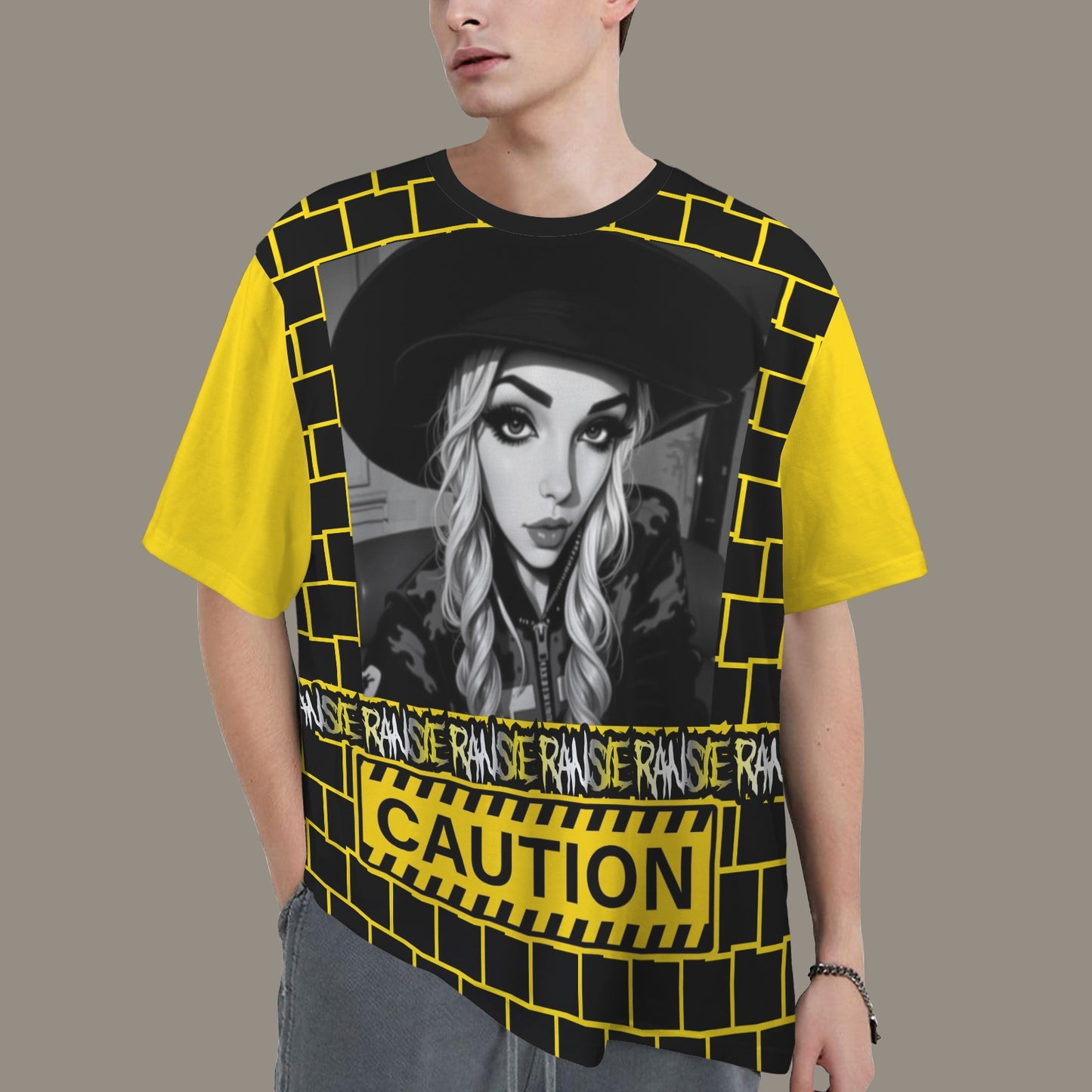 RANSIE CARTOON B/W CAUTION T-SHIRT - YELLOW SLEEVE SIGN