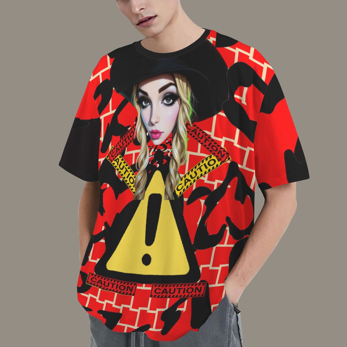 RANSIE CARTOON CAUTION  RED YELLOW WALL HEARTST-SHIRT