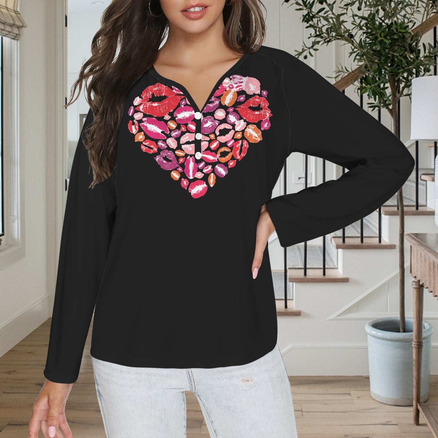 LINFA Little Hearts Long Sleeve Shirt Button Black