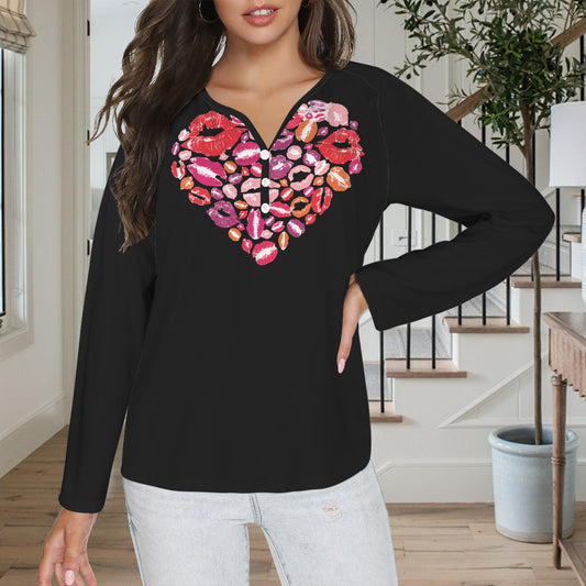 LINFA Little Hearts Long Sleeve Shirt Button Black