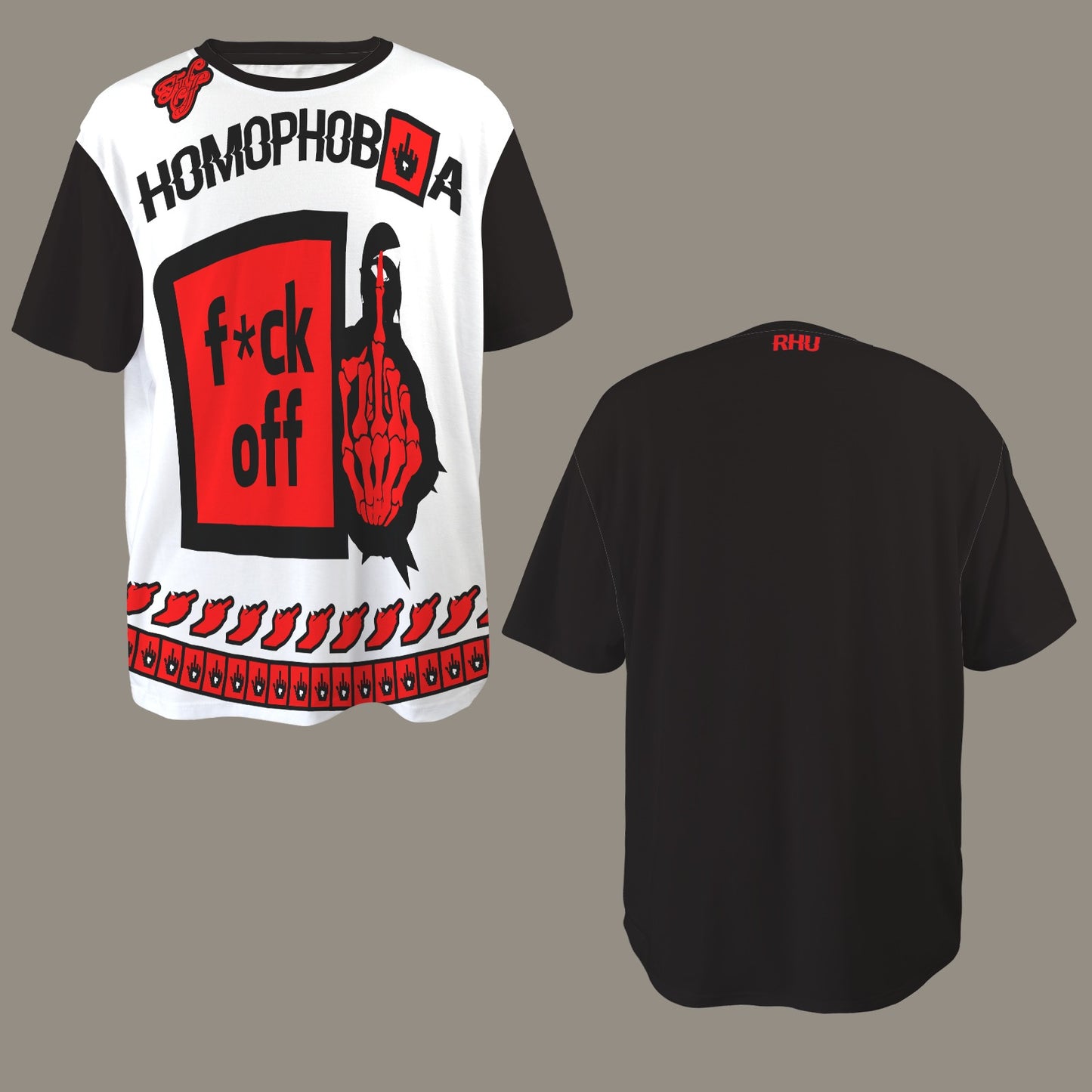 FUCK OFF HEARTS HOMOPHOBIA DISTRESSED T-SHIRT BLACK WHITE