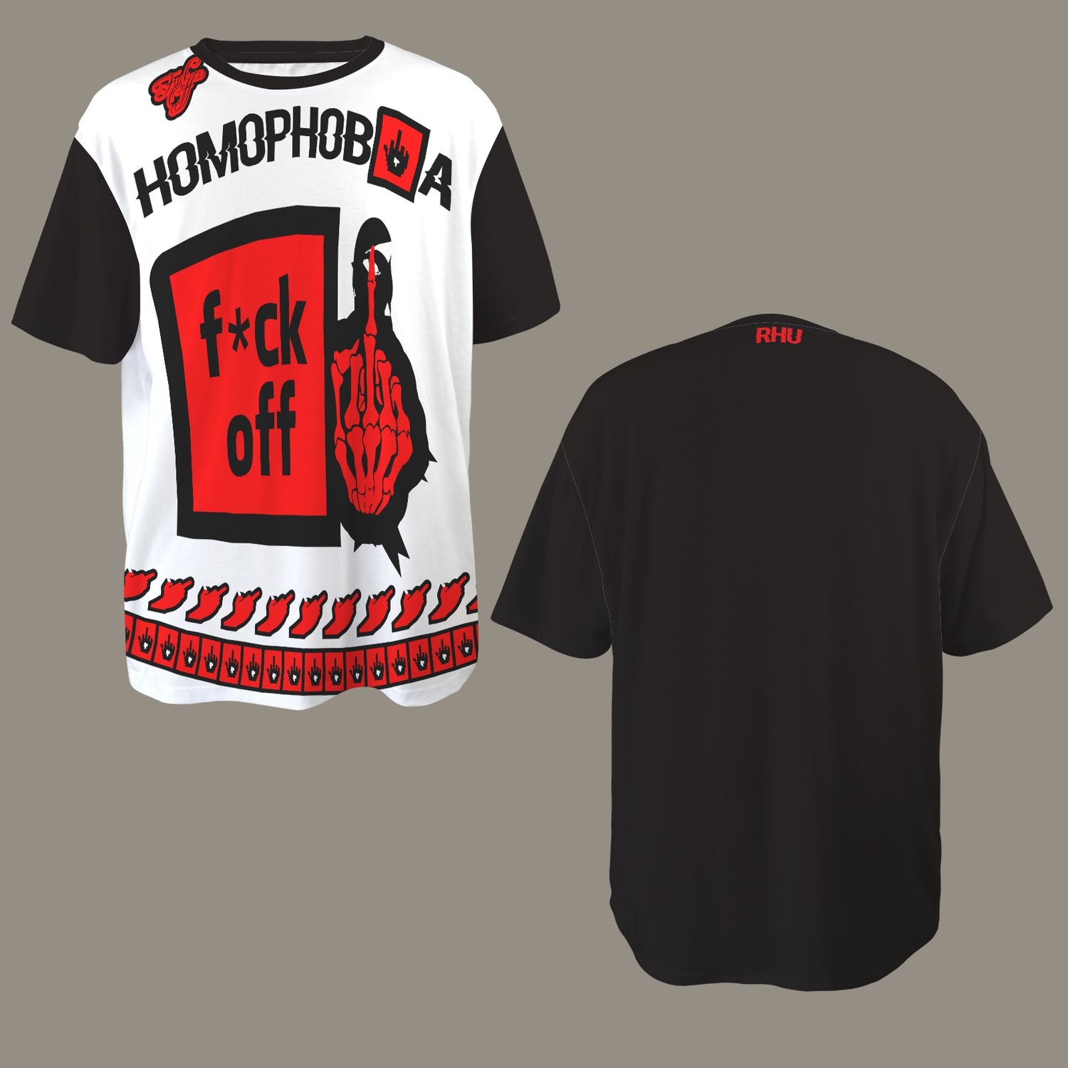 FUCK OFF HEARTS HOMOPHOBIA DISTRESSED T-SHIRT BLACK WHITE