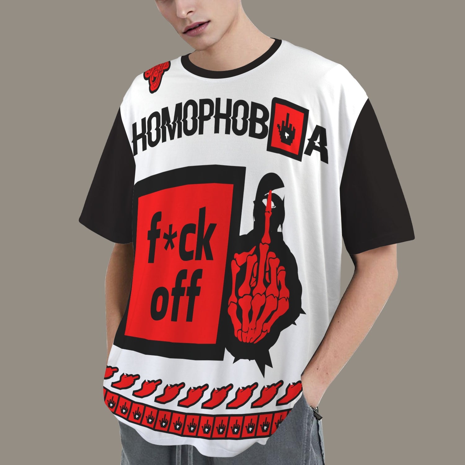 FUCK OFF HEARTS HOMOPHOBIA DISTRESSED T-SHIRT BLACK WHITE