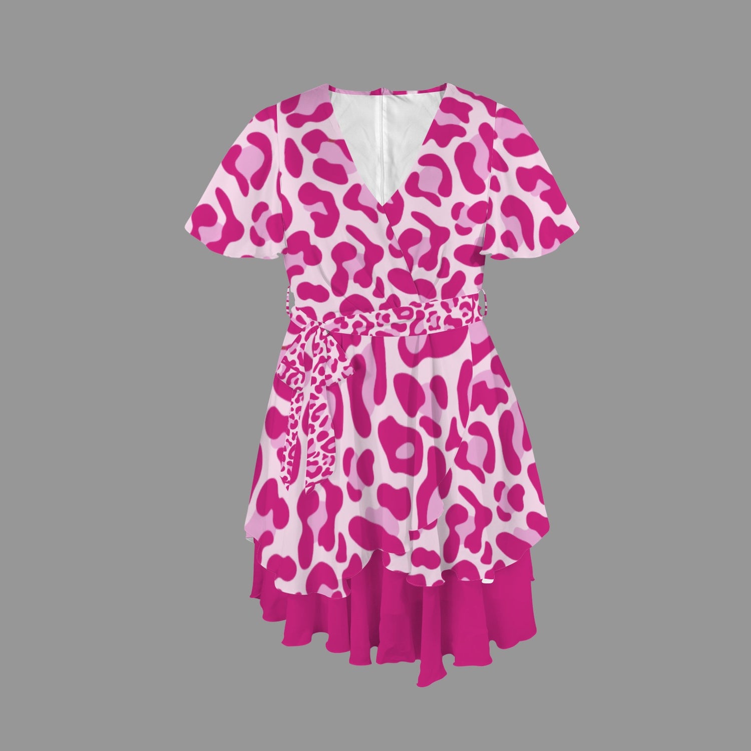 Leopard Tie V Neck Dress Dark Hot Pink Pink
