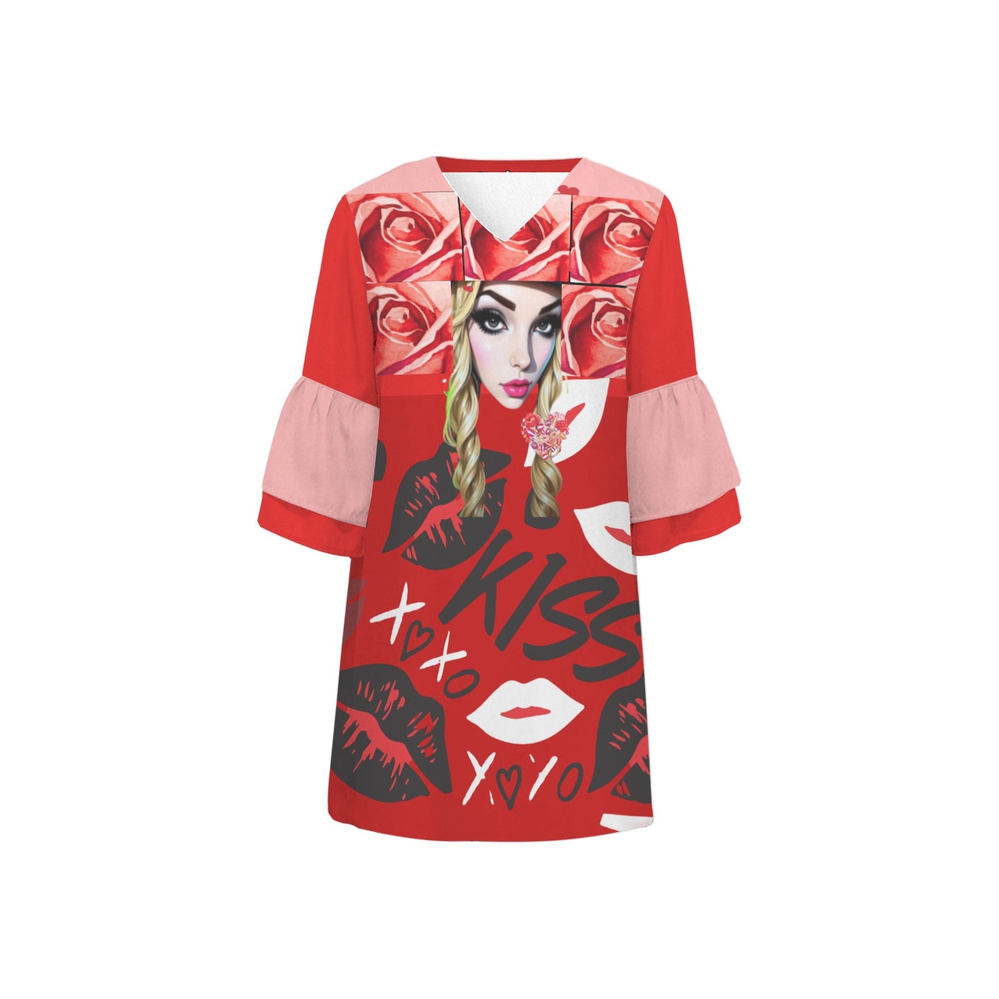Ransie V Neck Kiss Dress Roses