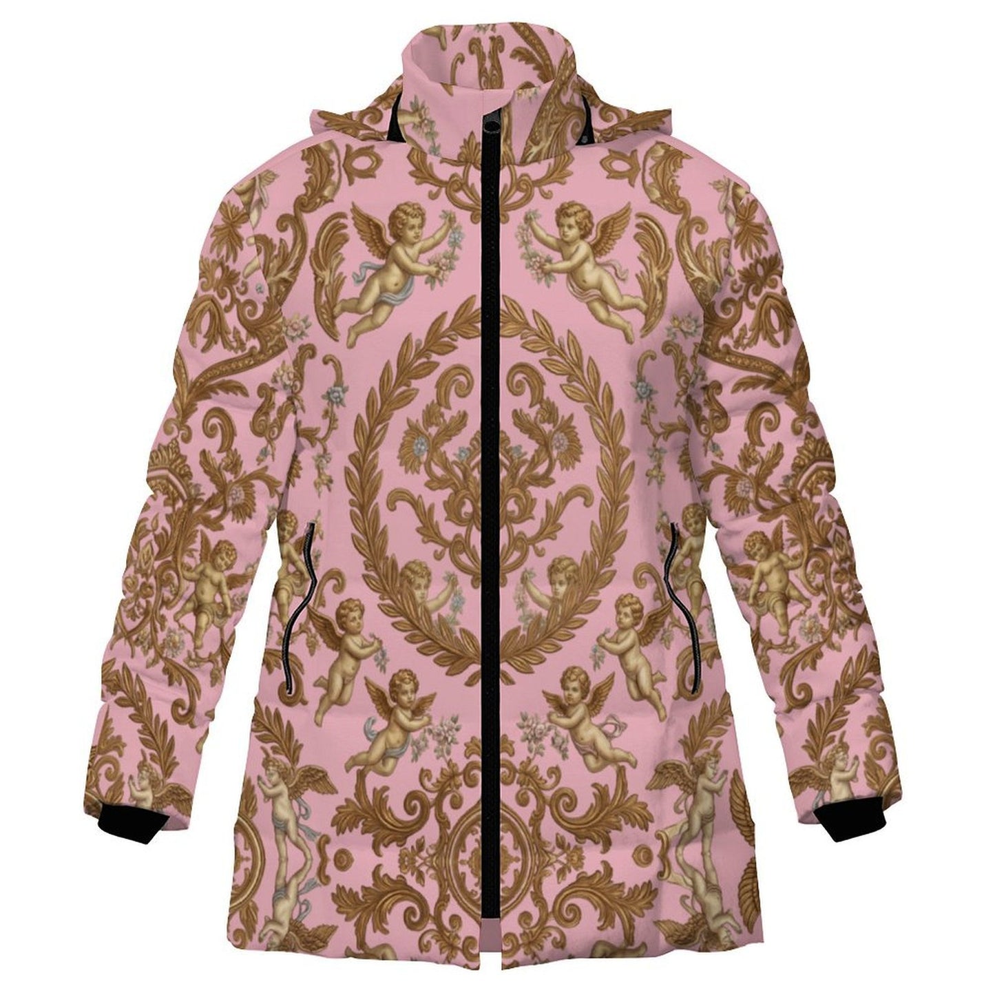 All-Over Print Women's Stand Collar Hooded Zipper Puffer Coat