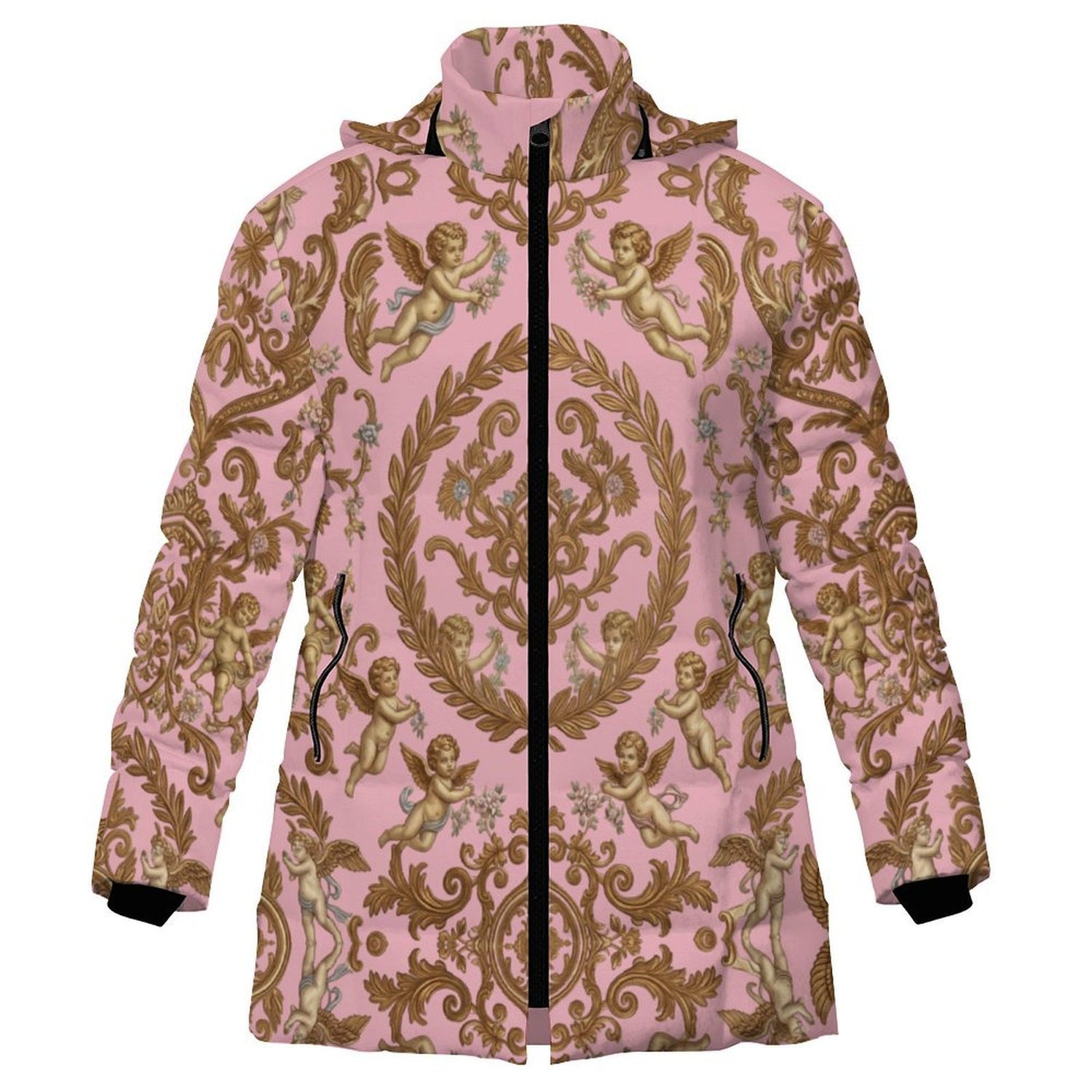 All-Over Print Women's Stand Collar Hooded Zipper Puffer Coat