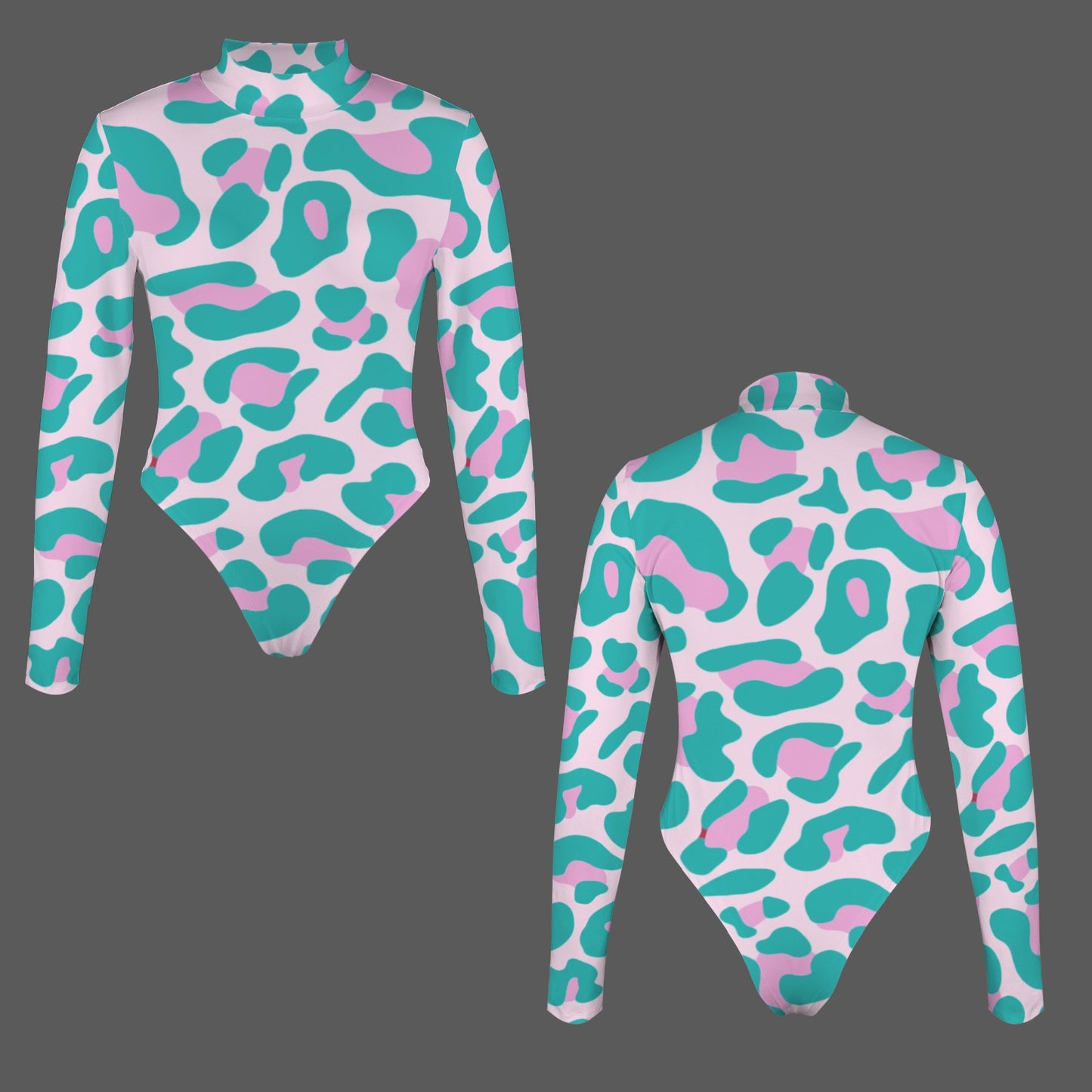 Leopard Long Sleeve Bodysuit Torquoise Pink