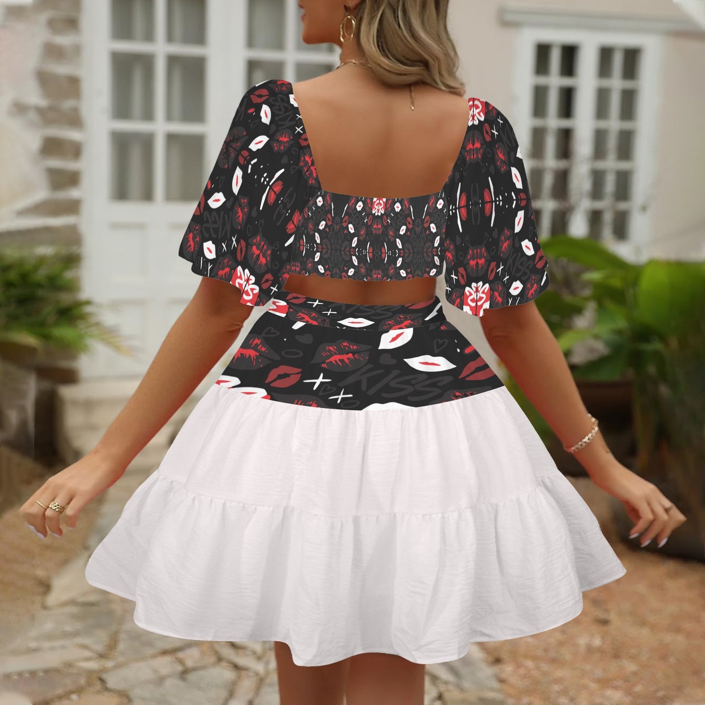 Cross Waist Dress Mouths Black White