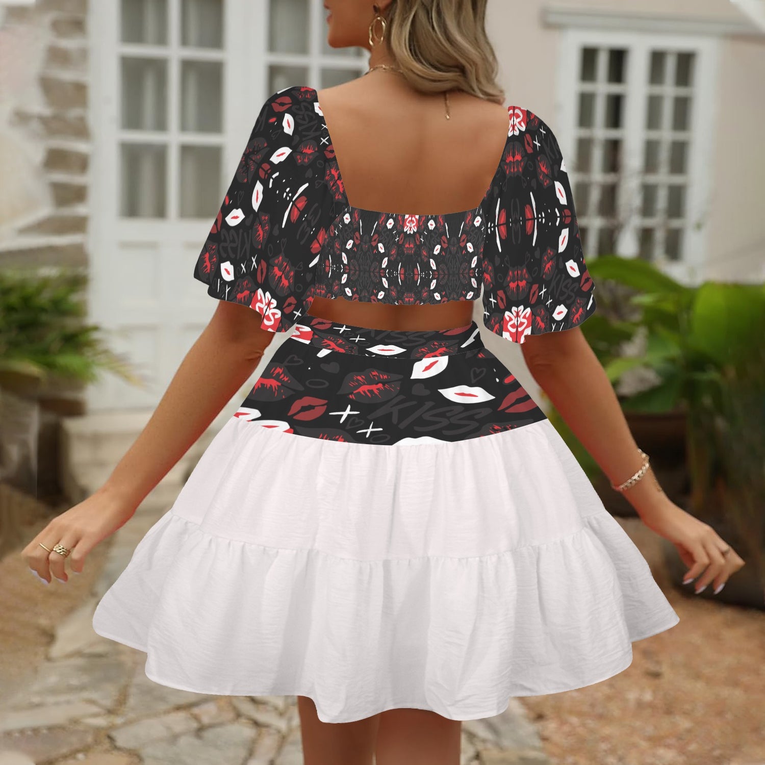 Cross Waist Dress Mouths Black White