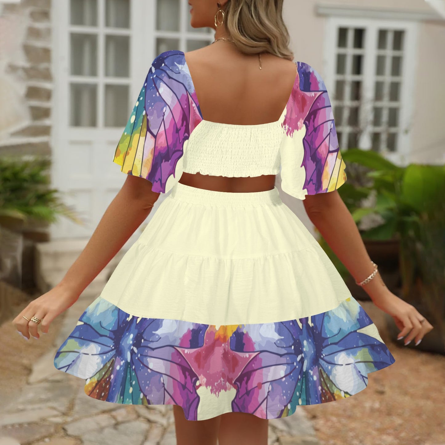 Cross Waist Dress Butterfly Pale Yellow