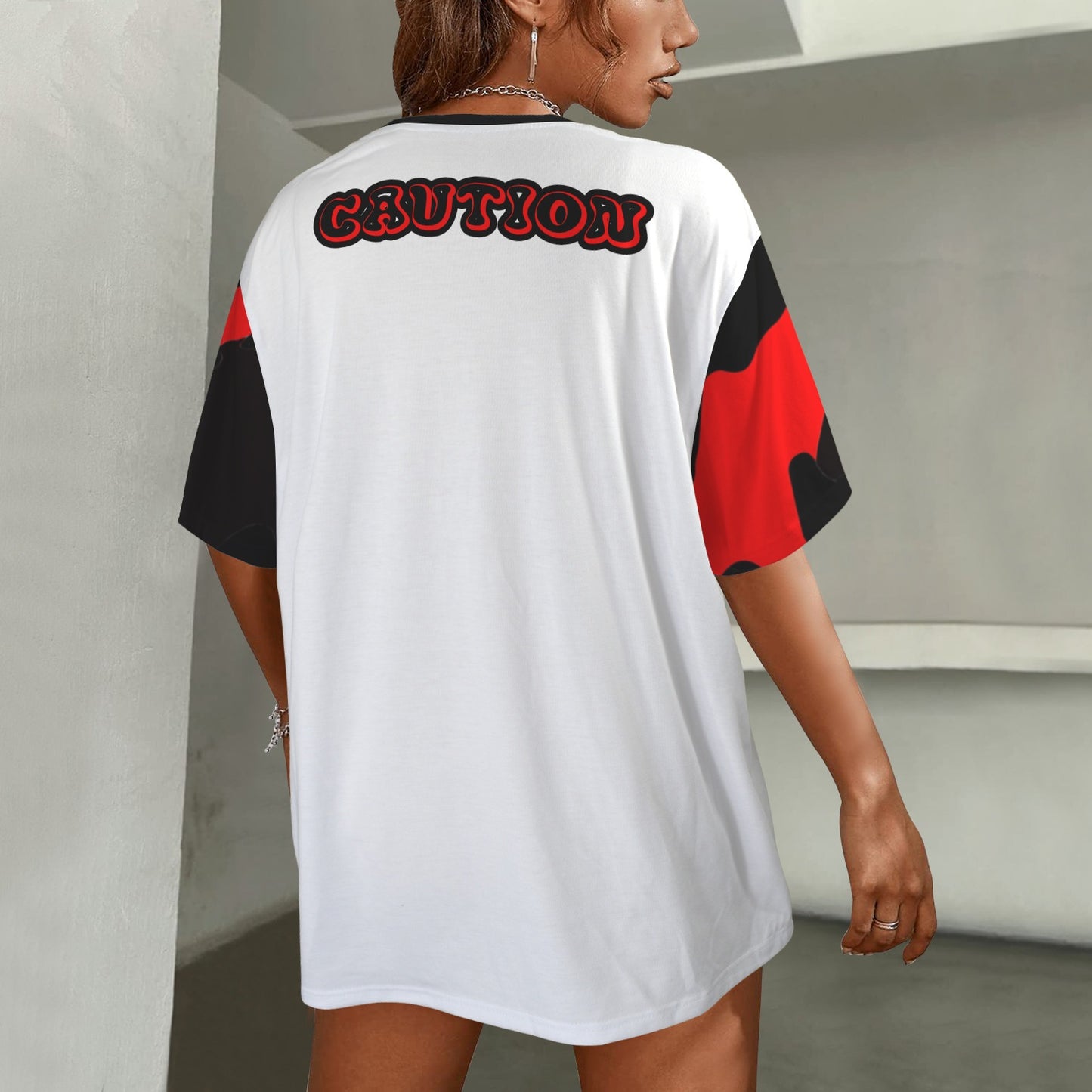 RANSIE CARTOON CAUTION  WHITE BLACK WALL HEARTS T-SHIRT