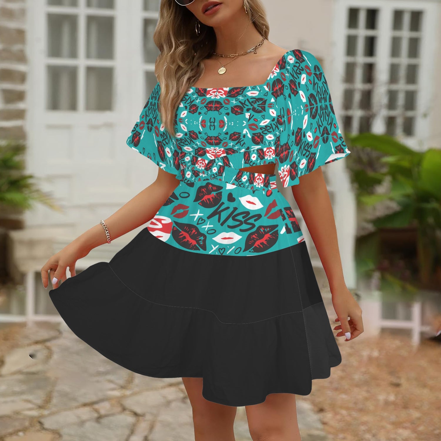 Cross Waist Dress Mouths Black Torquoise