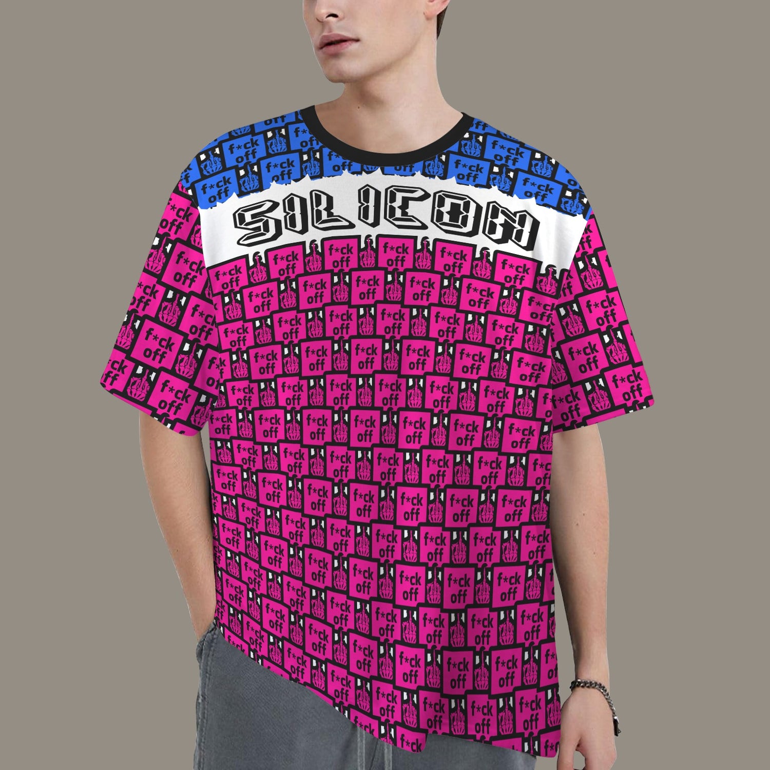 FUCK OFF SILICON PINK BLUE T-SHIRT BLACK