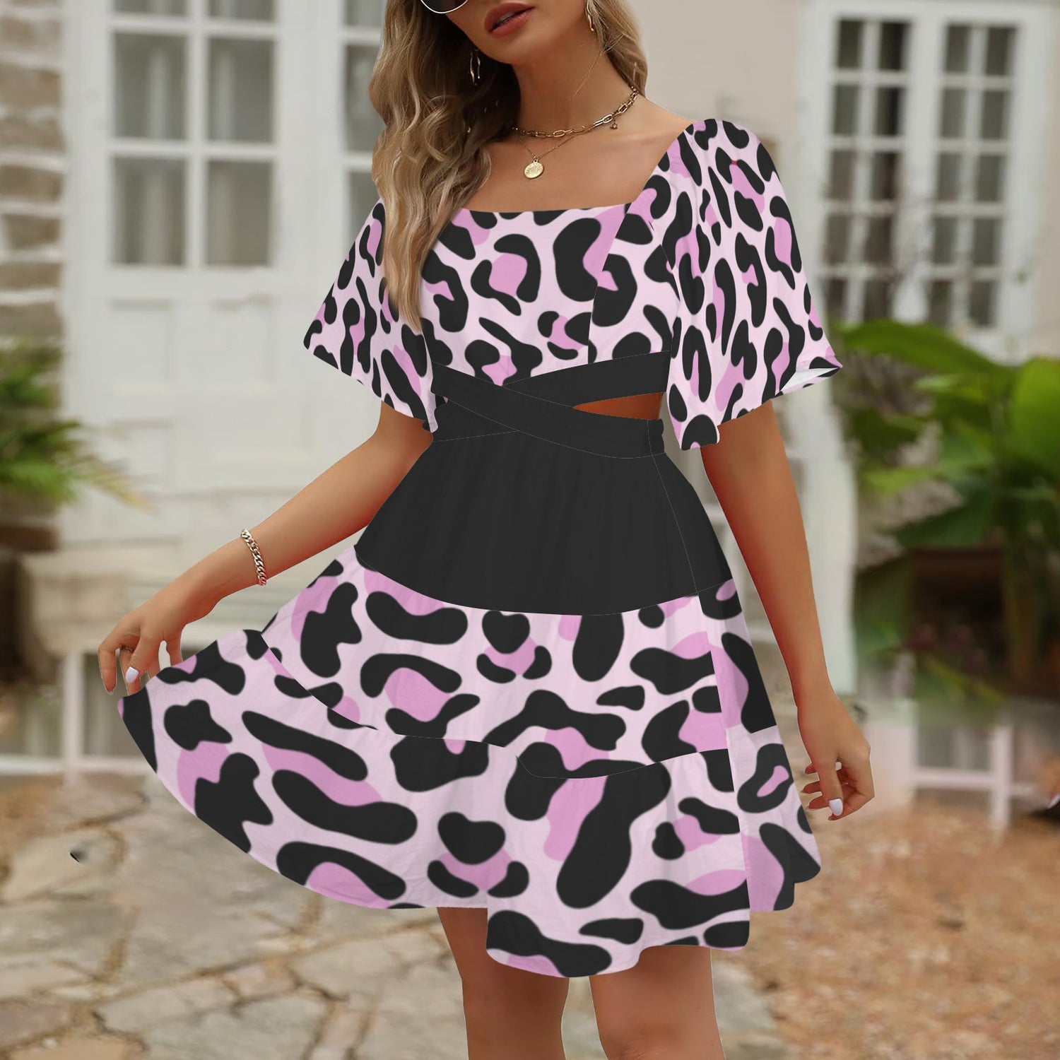Cross Waist Dress Leopard Black Pink
